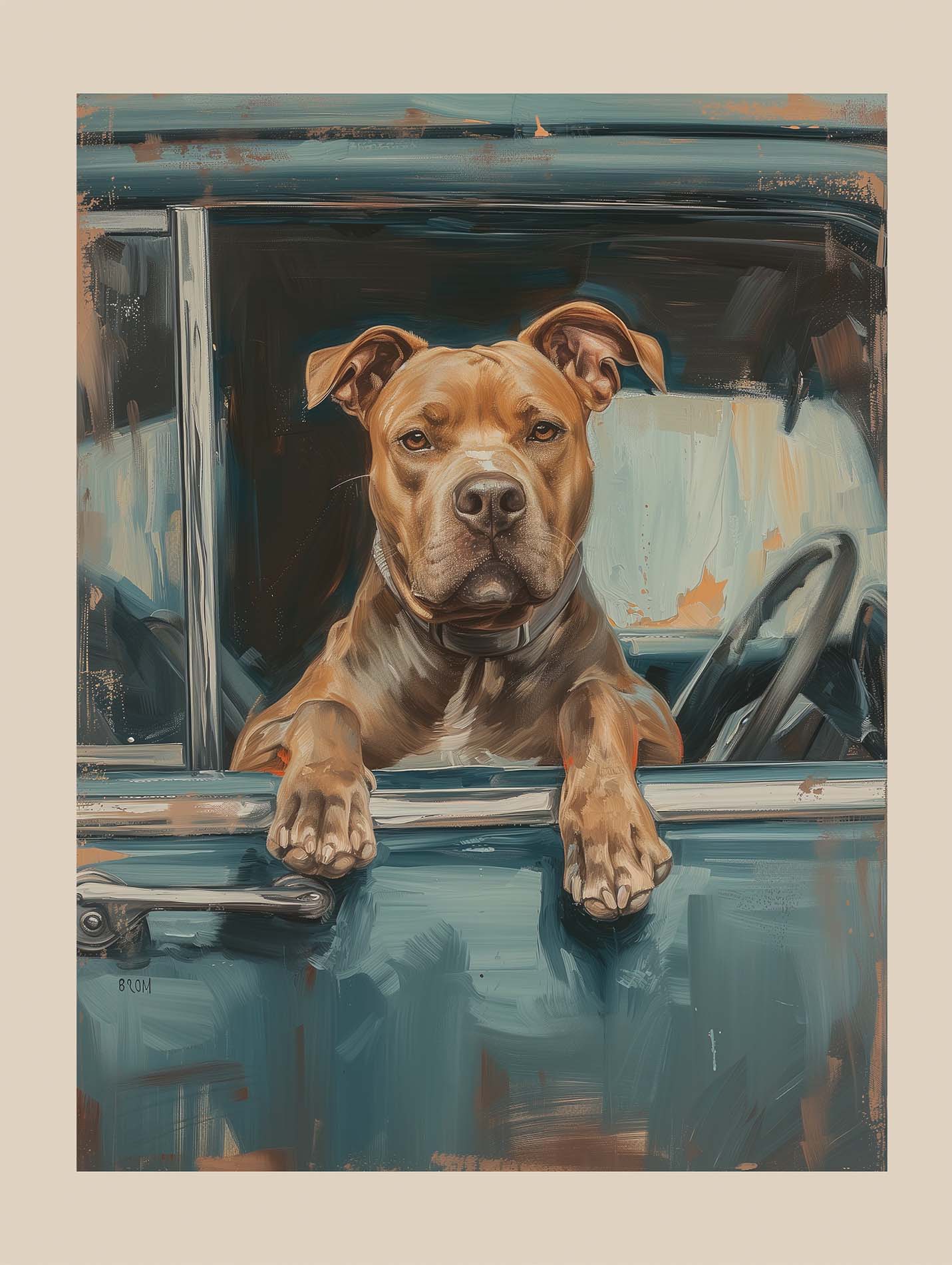 Poster titled 'Pit bulls in a retro car Poster' from ArtDarts