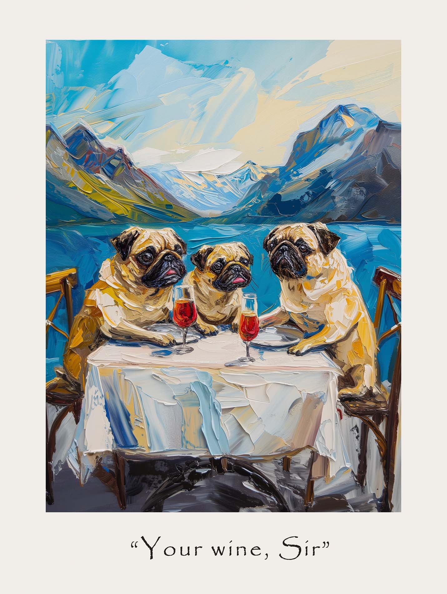 Poster titled 'Pugs drink wine Poster' from ArtDarts