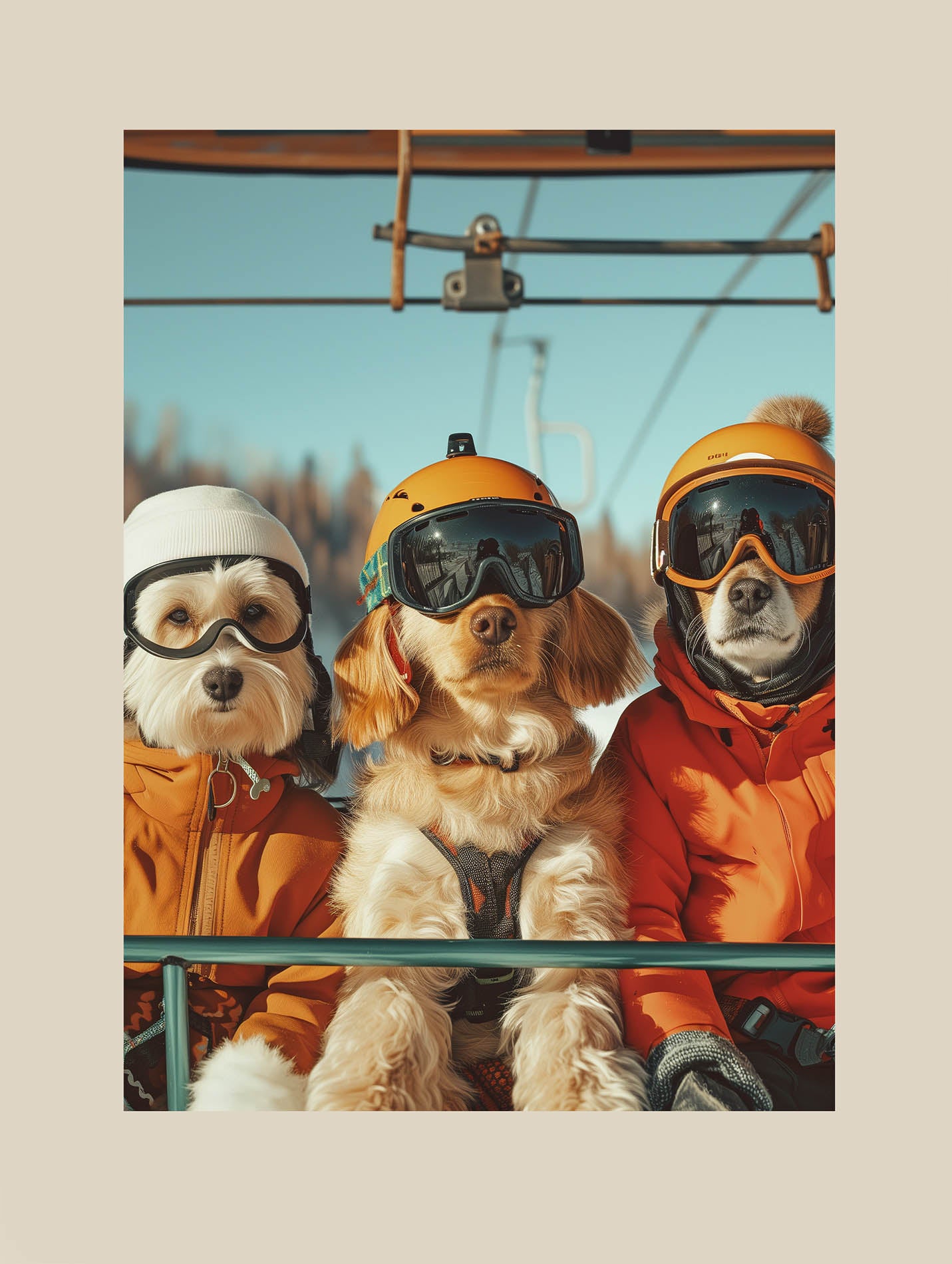 Poster titled 'Three dogs of a skier Poster' from ArtDarts