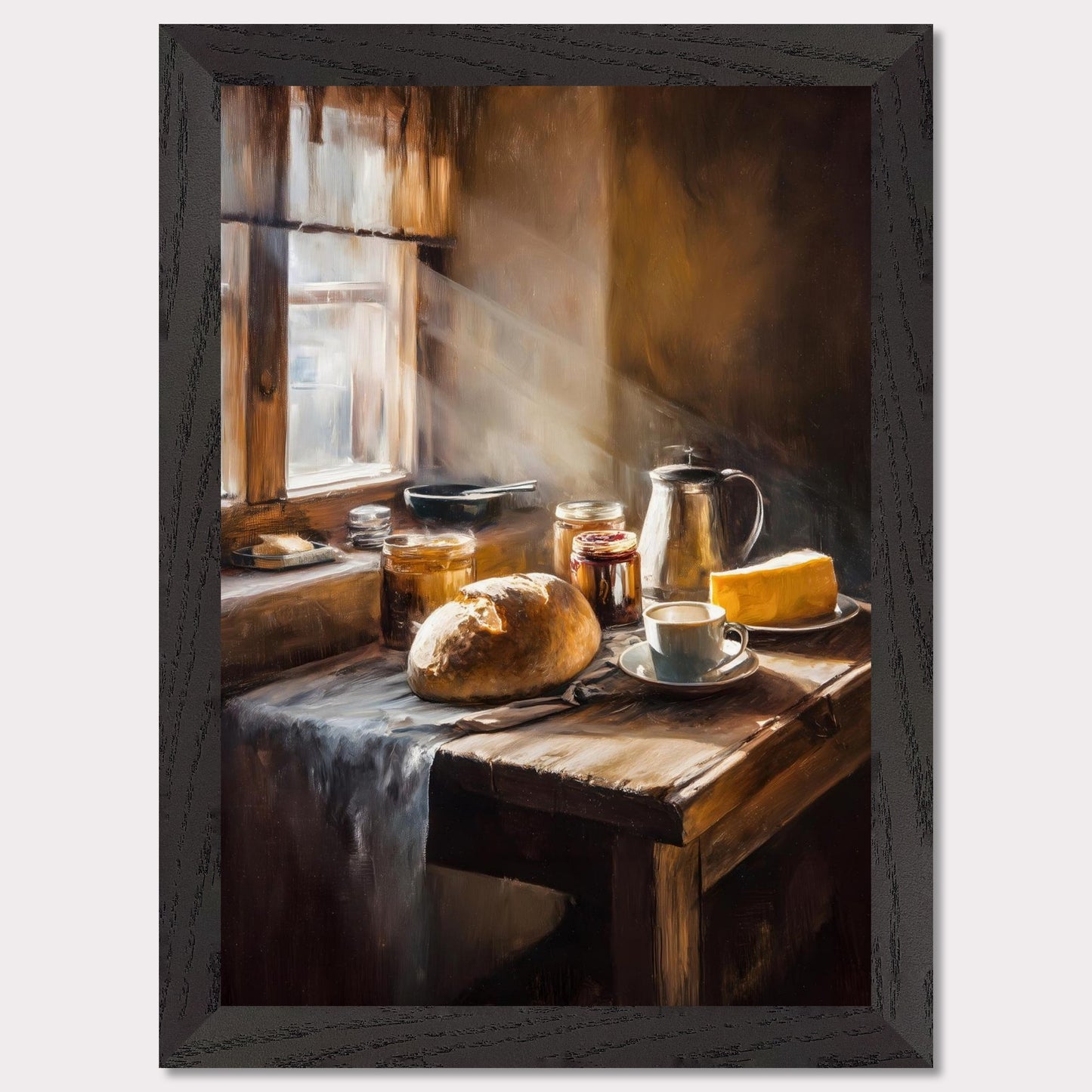 A shaft of morning light breaks across an old table set for one: bread, coffee, and preserves. The cloth catches its edge. This image is a sacred quiet, an ode to morning solitude and sun.