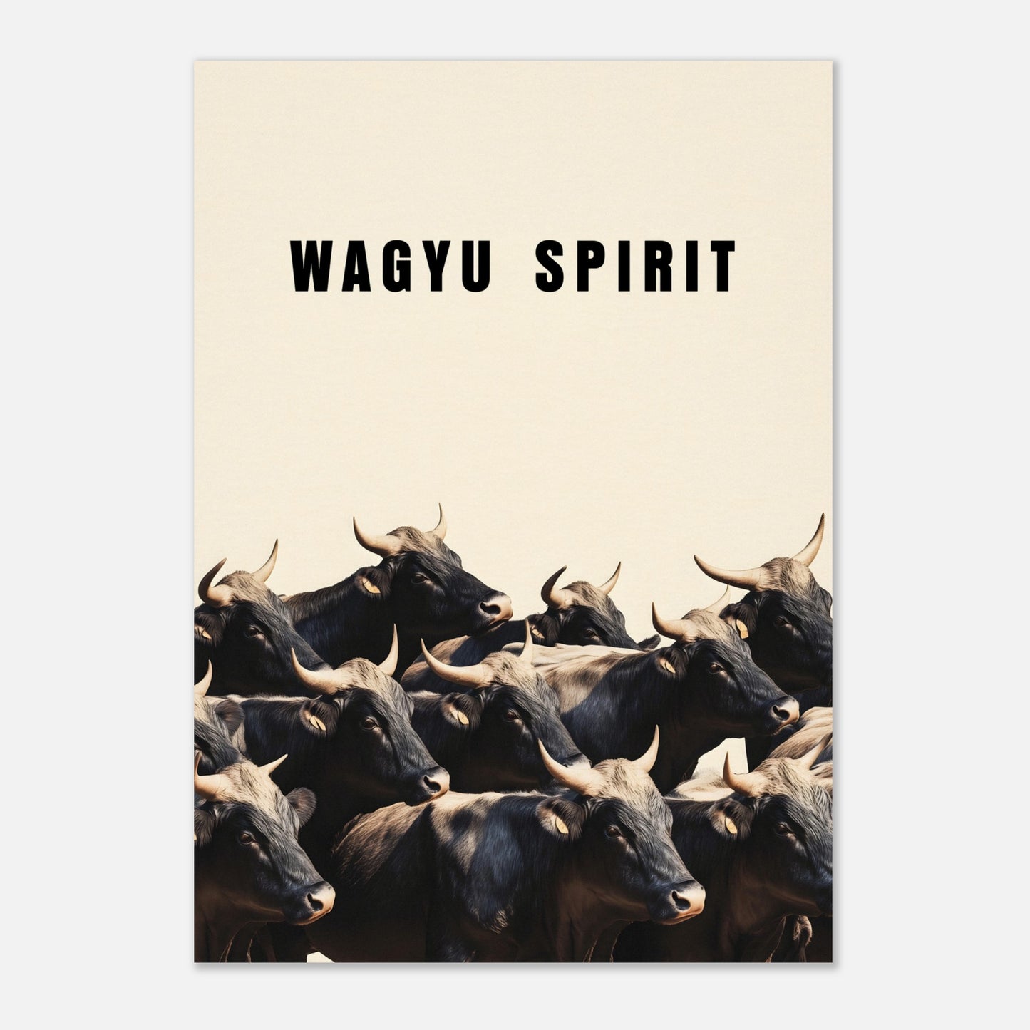 This illustration shows a group of black cattle with horns, set against a light background. The text "WAGYU SPIRIT" is prominently displayed at the top.
This poster will fit well in a kitchen, dining area, restaurant, or any space related to food and culinary arts.
