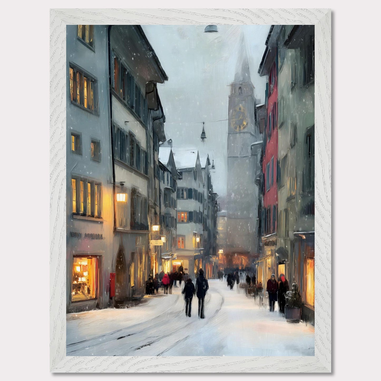 Snow falls gently between old town facades as people wander through glowing windows and quiet alleys. Time seems to slow. This image is a winter stroll, an ode to dusk, city calm, and warmth within.