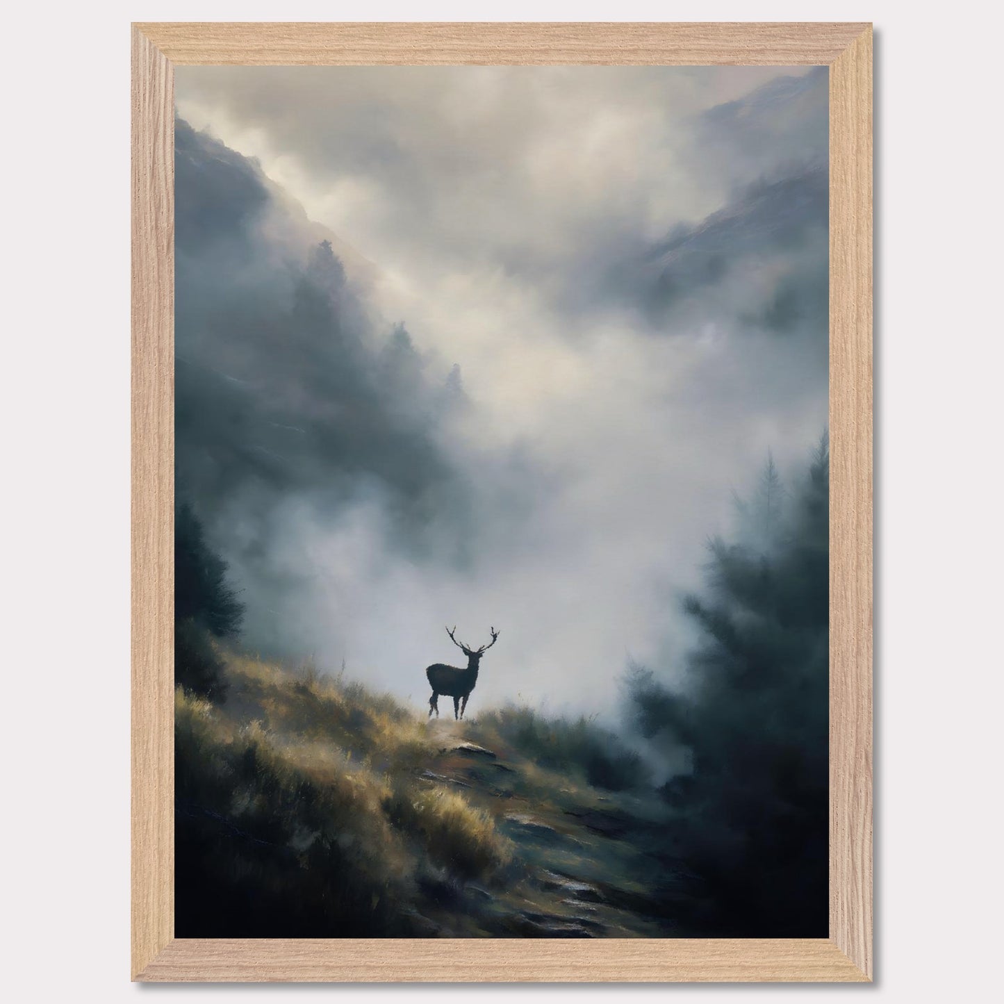A lone stag stands poised on a highland ridge, where golden grass fades into rising fog. Pines and peaks dissolve into the mist, leaving the deer still and sovereign against the silence. This image is a quiet breath — an ode to wilderness, majesty, and mystery.