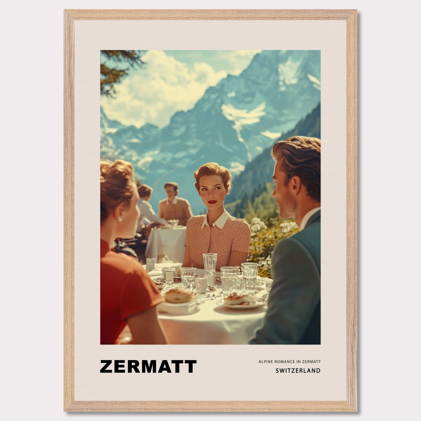 This poster transports us to a world of elegant romance amidst the mountainous landscapes of Zermatt, Switzerland. At the center of the scene is a refined woman with a romantic, enigmatic gaze directed at the man across the table on a café terrace, set against the majestic backdrop of the Alps.