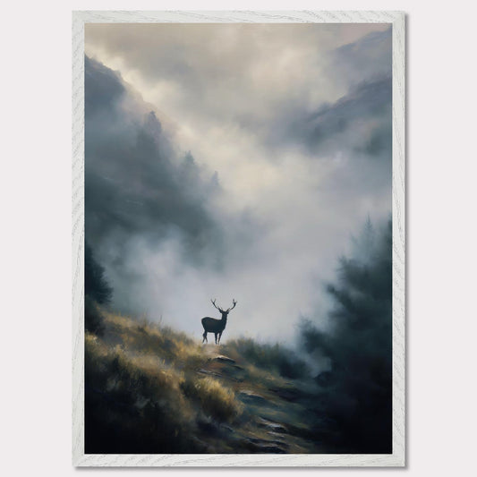 A lone stag stands poised on a highland ridge, where golden grass fades into rising fog. Pines and peaks dissolve into the mist, leaving the deer still and sovereign against the silence. This image is a quiet breath — an ode to wilderness, majesty, and mystery.