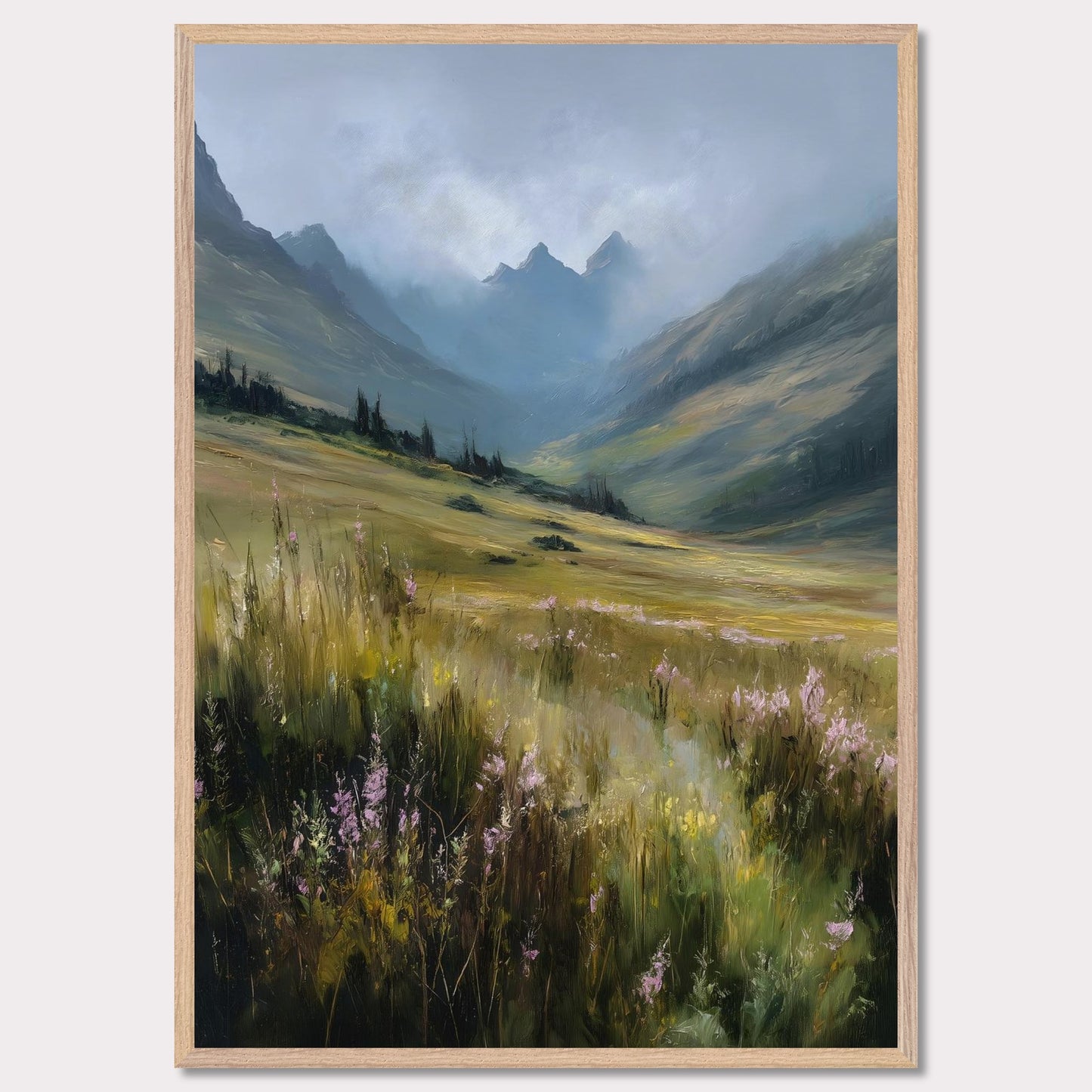 A field of tall alpine grass and soft purple blooms unfolds into misty blue peaks. There's no sign of movement, only the gentle hush of nature breathing. The scene is vast, untamed, and filled with the quiet promise of summer in the highlands.