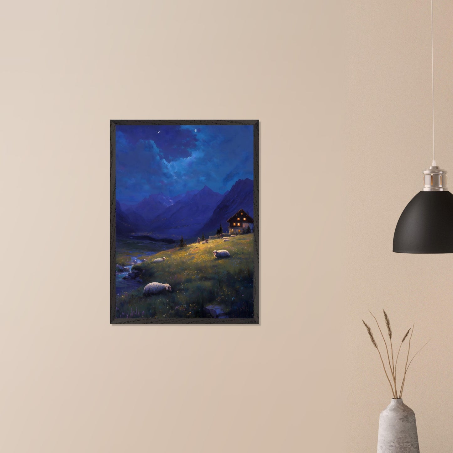 As night falls over the valley, warm lights glow from a mountain cabin, guiding the shepherd and his sheep. Above, stars begin to shimmer and the crescent moon watches from afar. A peaceful twilight symphony of solitude, nature, and quiet warmth.