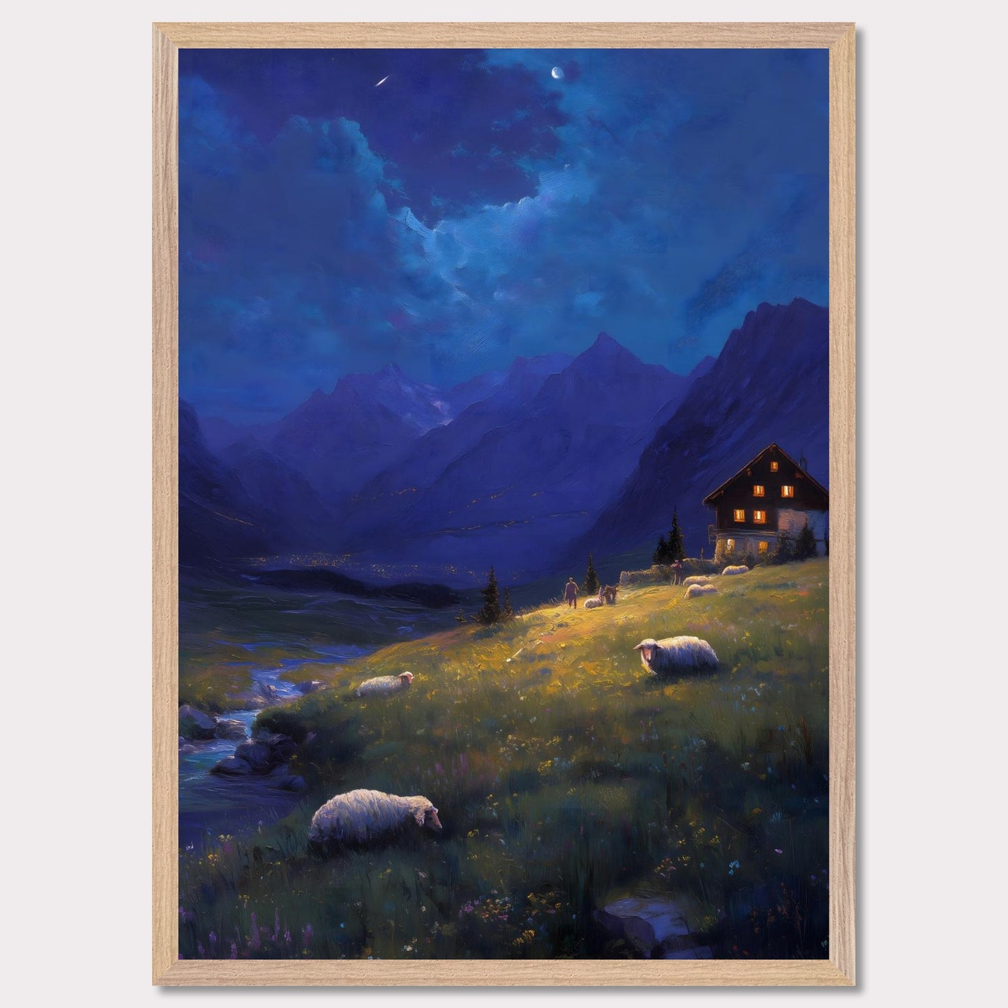 As night falls over the valley, warm lights glow from a mountain cabin, guiding the shepherd and his sheep. Above, stars begin to shimmer and the crescent moon watches from afar. A peaceful twilight symphony of solitude, nature, and quiet warmth.
