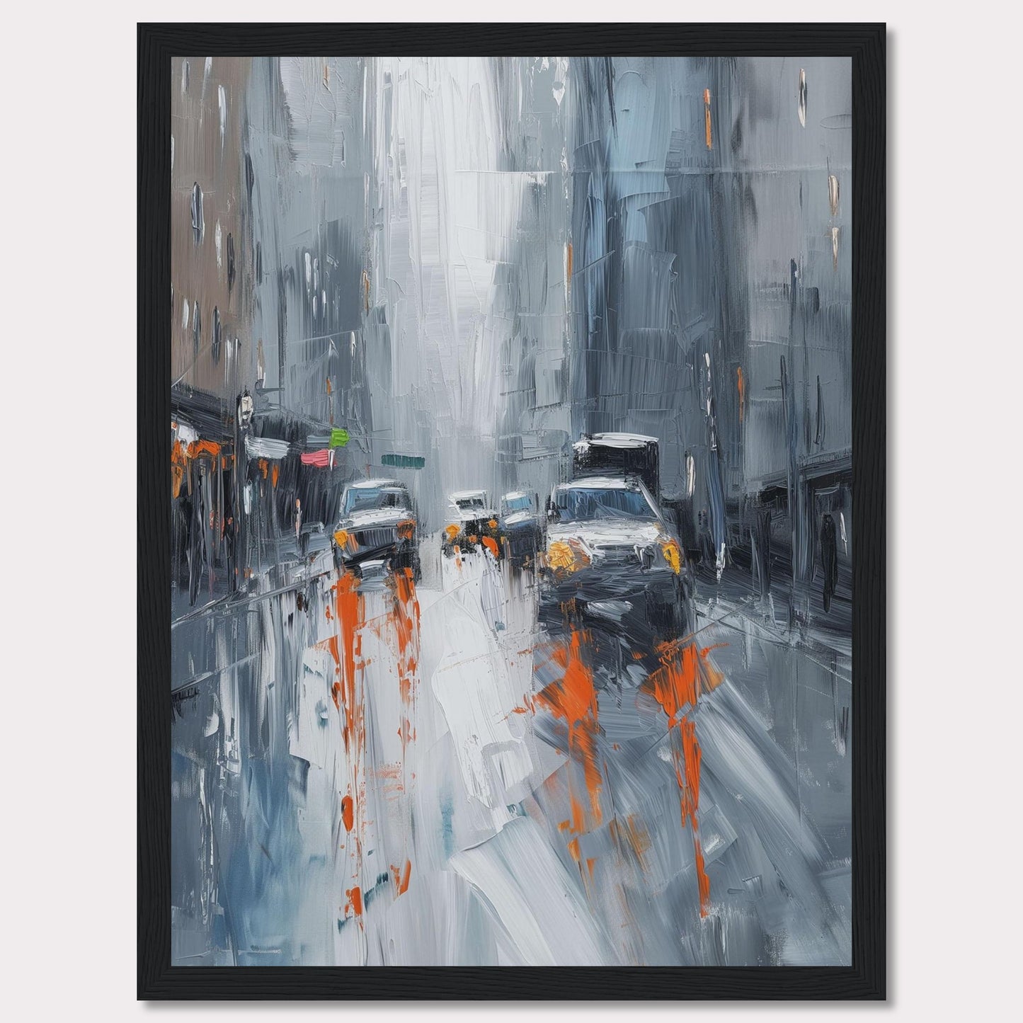 This captivating painting portrays a rainy city street with cars and buildings enveloped in a misty atmosphere. The artist uses bold brushstrokes and a muted color palette with pops of orange to depict the bustling urban scene.