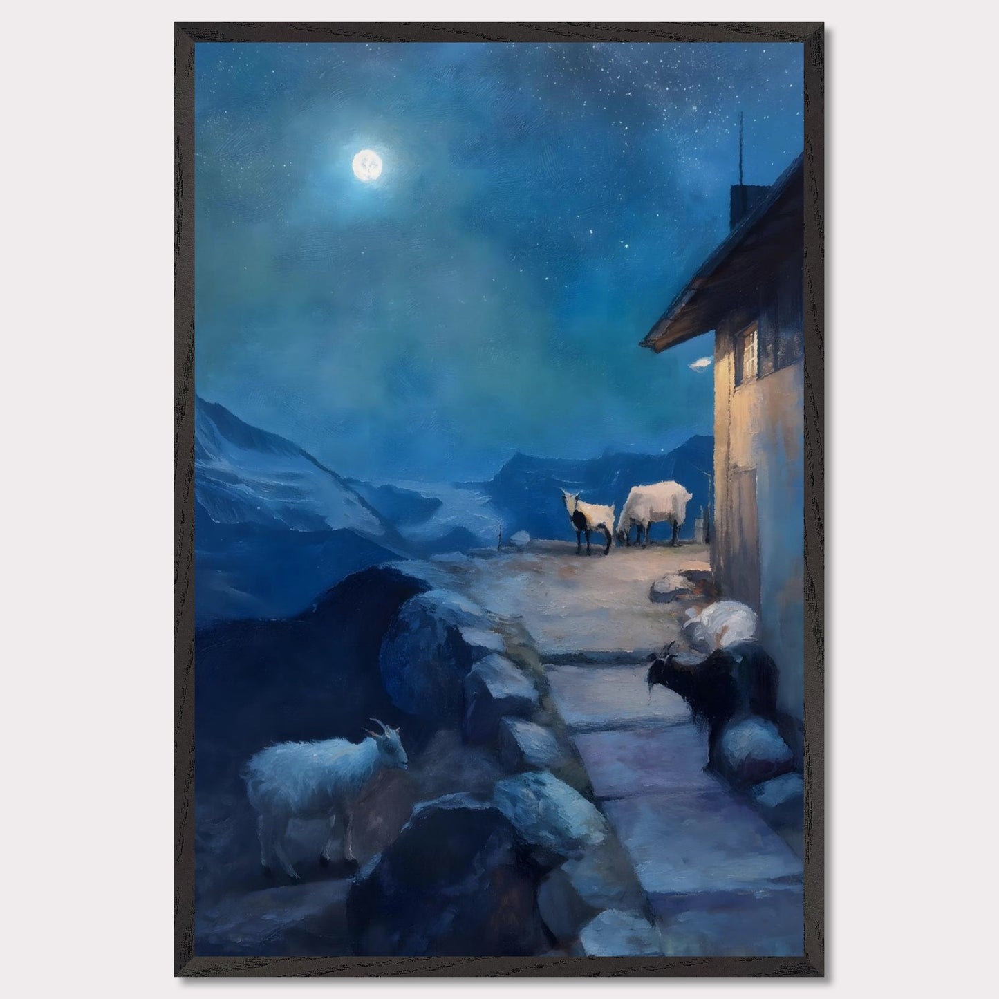 A full moon glows above a tranquil alpine scene, where goats linger quietly near a mountain hut. The sky shimmers with stars, the landscape wrapped in soft blues and shadows. There’s no rush here — only the deep breath of night.