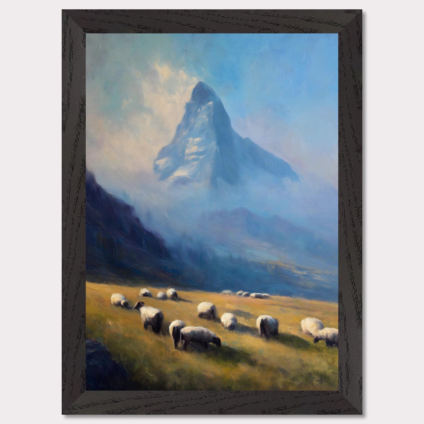 A flock grazes in soft alpine grass as the blue-shadowed Matterhorn rises beyond. Mist curls through the valley’s hush. This image is a gentle morning, an ode to scale, quiet, and presence.