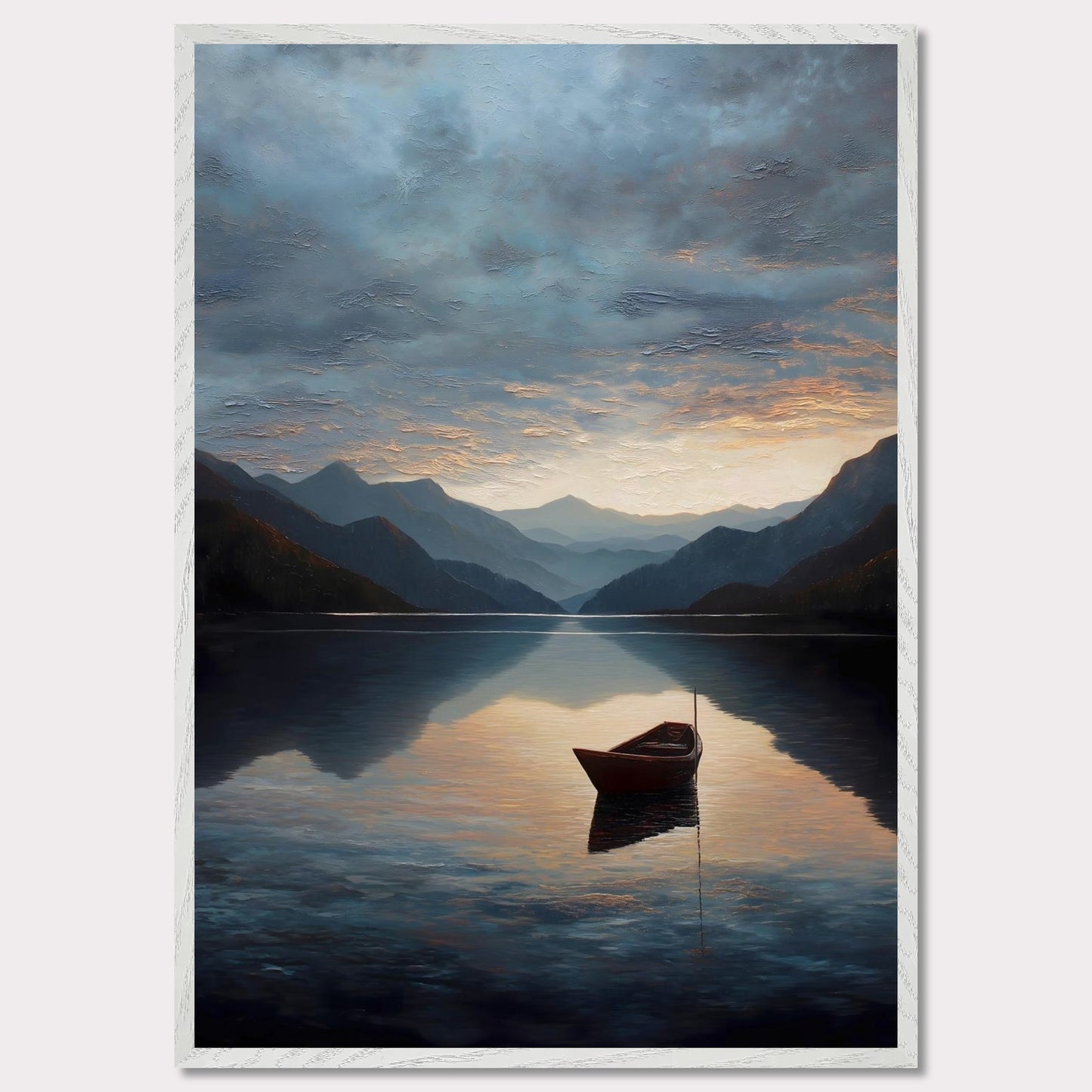 A single red boat floats gently on a vast, darkening lake as mountains fade into layered blues. The sunset brushes the clouds and water with soft amber and grey. A perfect study in stillness, solitude, and awe.