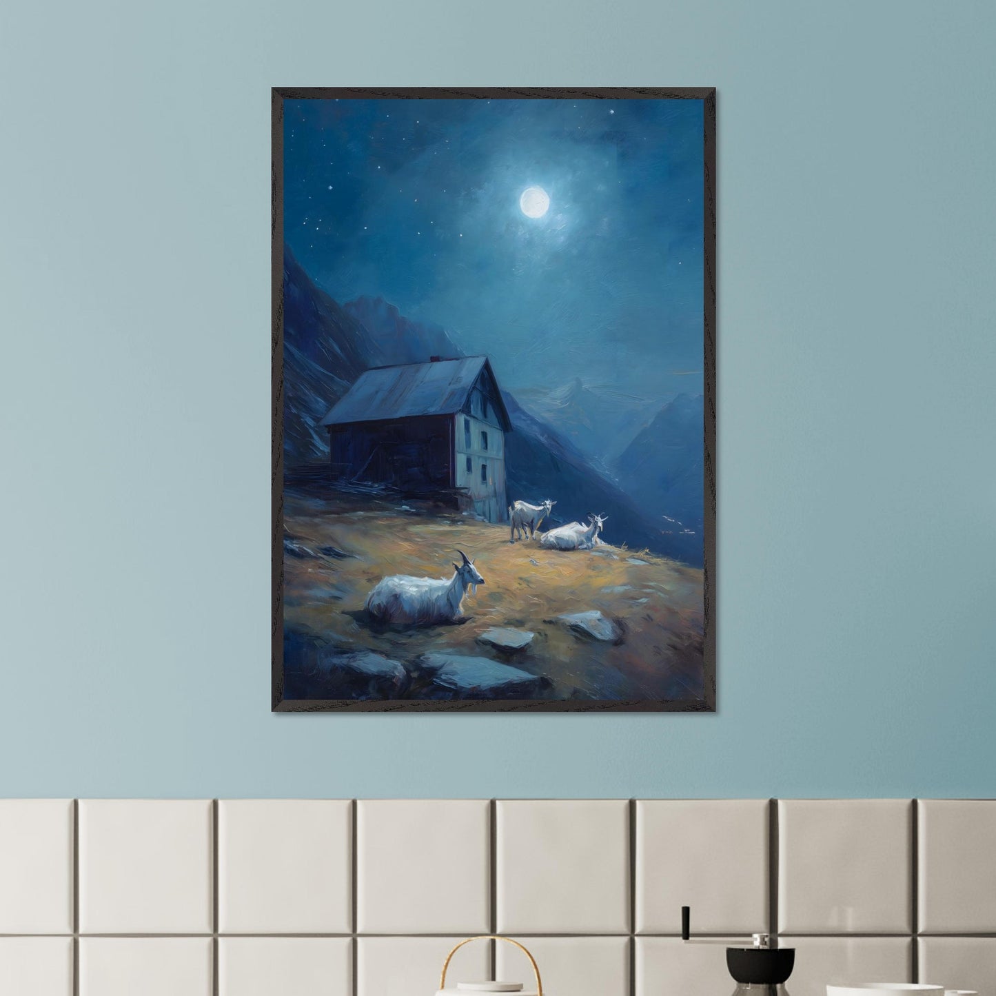 Under a deep blue sky scattered with stars, a mountain slope glows with soft amber light. Goats roam quietly near a rustic alpine hut. This is a portrait of calm routine under a grand sky — both humble and cosmic.