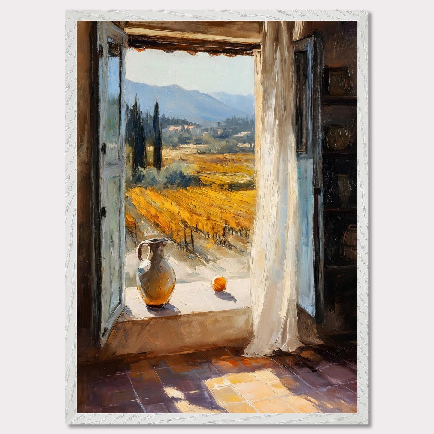 An open shutter reveals golden rows of vineyard glowing in afternoon light. A jug and fruit rest on the sill, as if waiting for someone to return. This image is a sunlit breath, an ode to harvest, pause, and place.