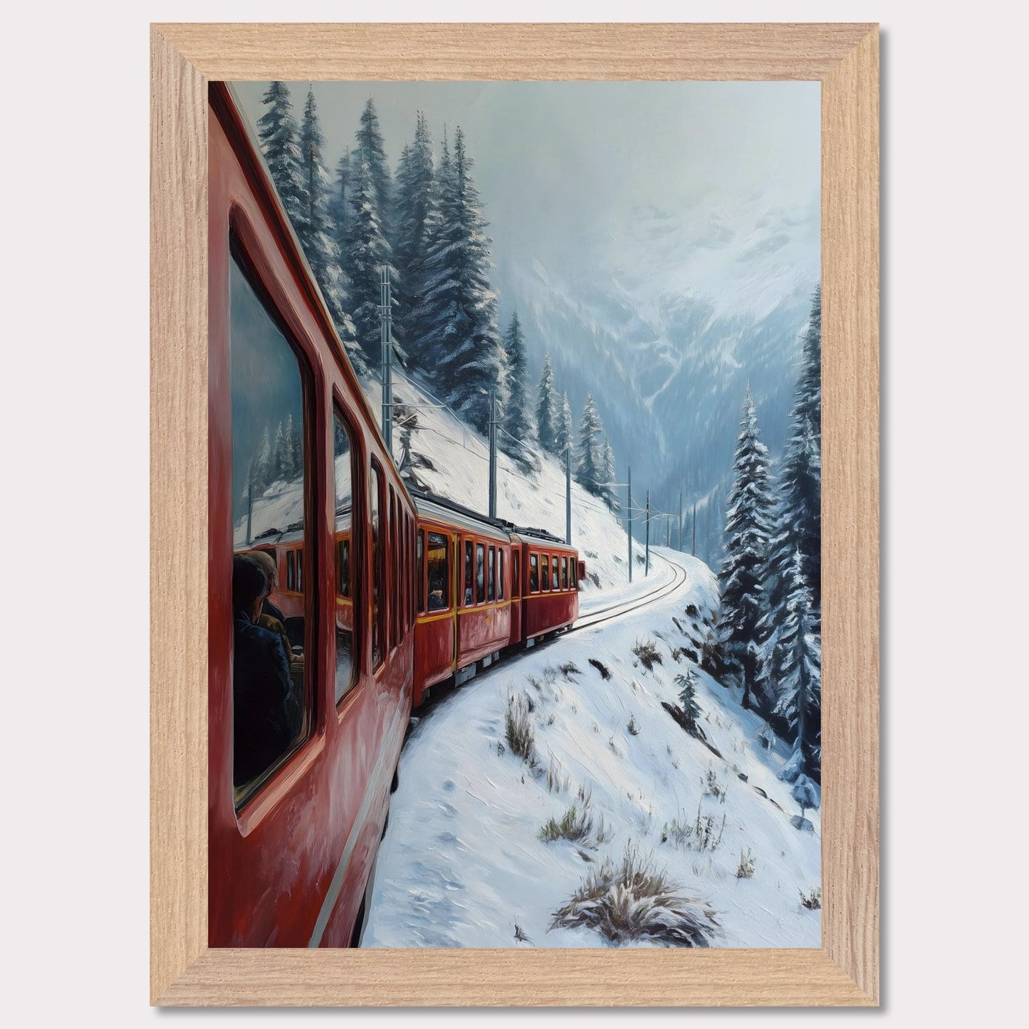 A red alpine train rounds a snow-covered bend, threading between pine-clad slopes and winter valleys. Reflections in the windows hint at warm journeys through a frozen world. This image hums with motion and memory — an homage to travel, contrast, and time.