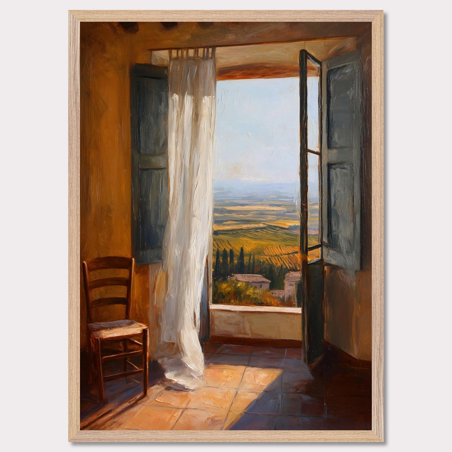 A sheer curtain lifts in warm air as golden vineyards unfold beneath a terracotta sill. A simple wooden chair waits in sunlit silence. This image is a breath of stillness, an ode to rhythm, warmth, and space.