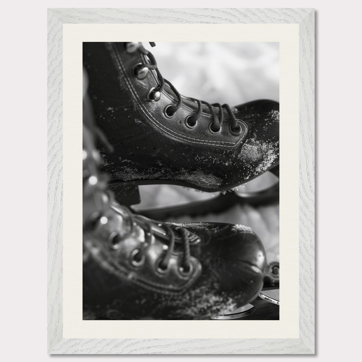 This illustration shows a close-up of a pair of ice skates with laces and blades, featuring a frosty texture. The black-and-white image captures the details of the skates, emphasizing their rugged and worn appearance.