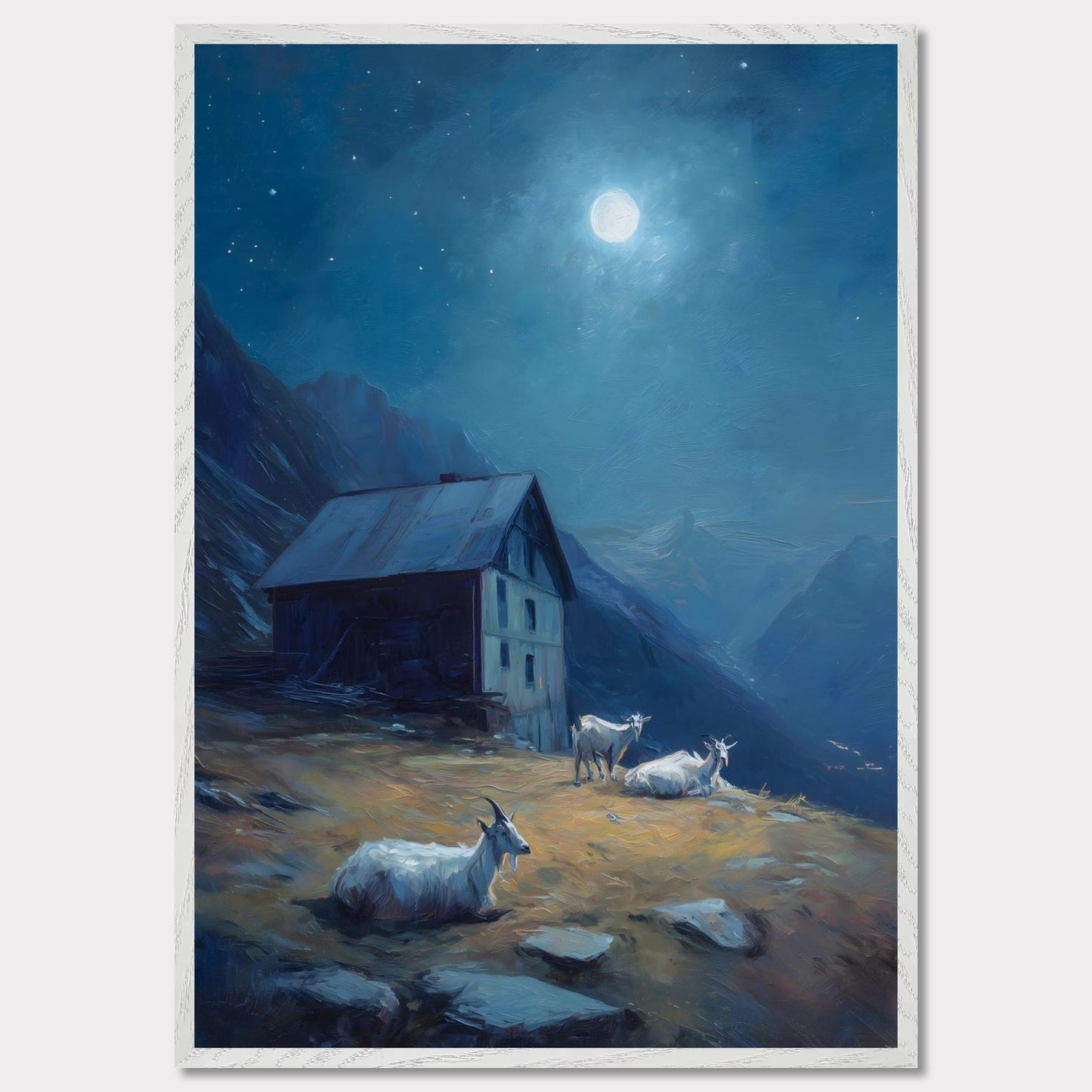 Under a deep blue sky scattered with stars, a mountain slope glows with soft amber light. Goats roam quietly near a rustic alpine hut. This is a portrait of calm routine under a grand sky — both humble and cosmic.