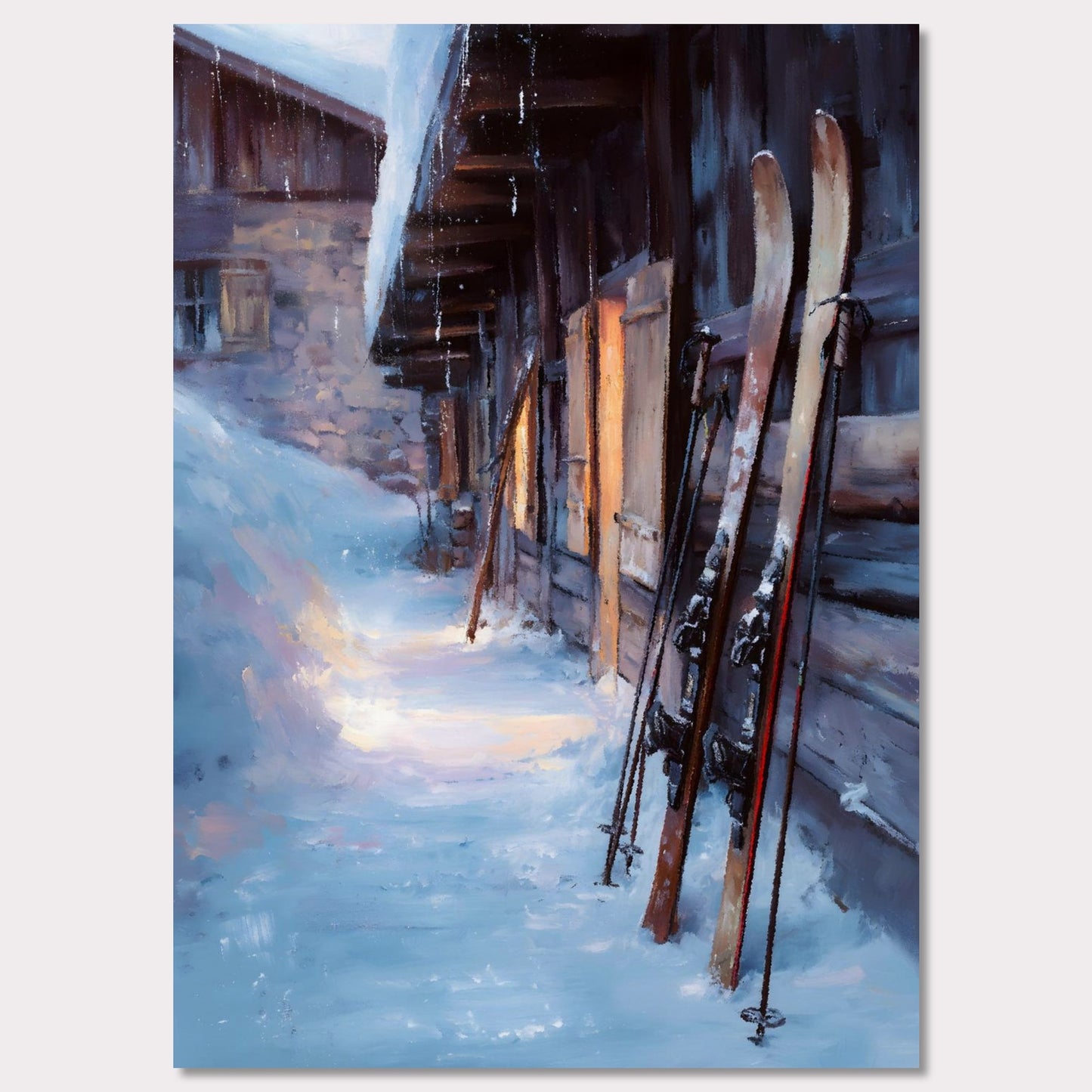 Poster titled 'Skis by the Barn, Evening Descent' from ArtDarts