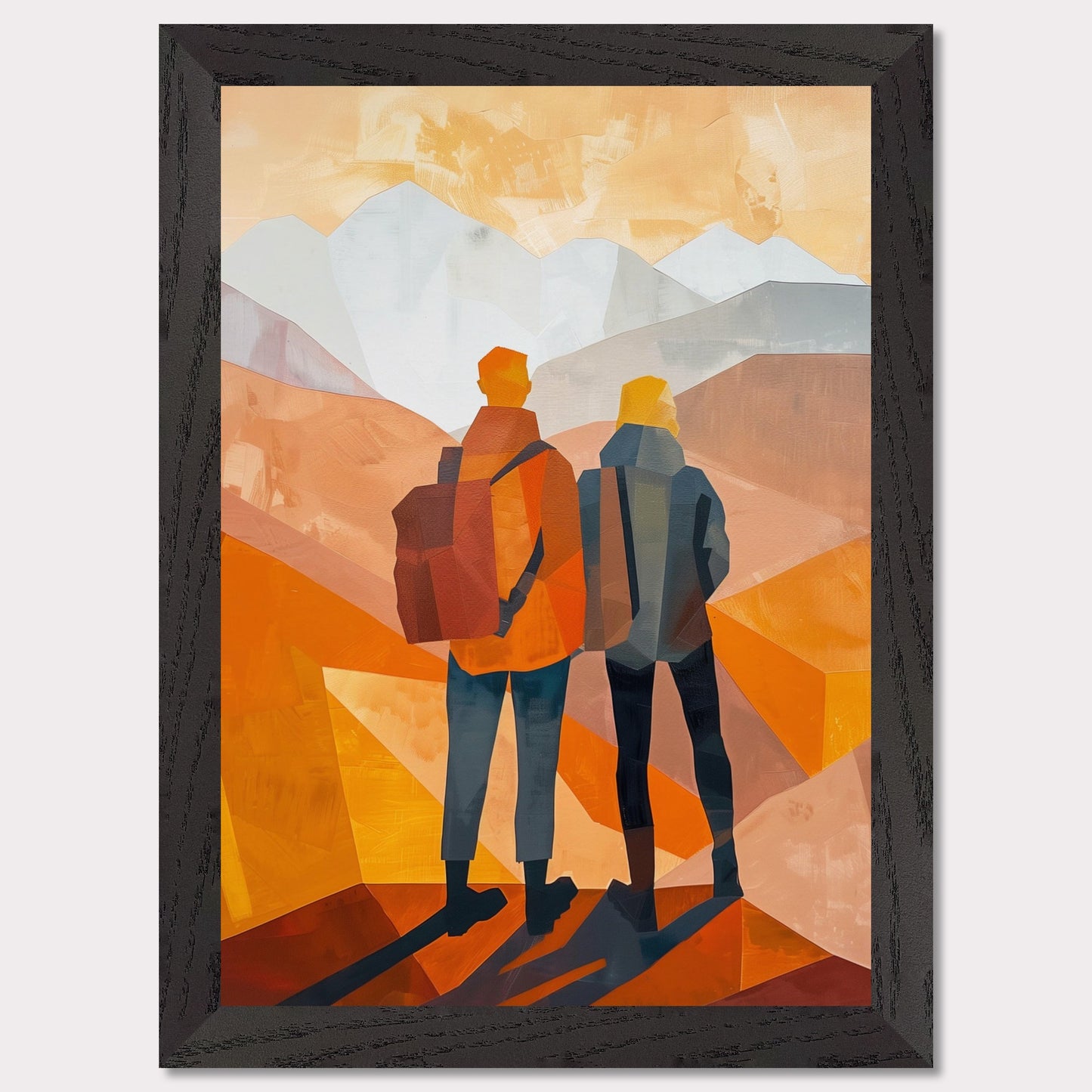 This illustration depicts two figures standing side by side, gazing at a mountainous landscape.
This poster would fit well in a living room, hallway, office, or any space that benefits from artistic and inspirational decor.