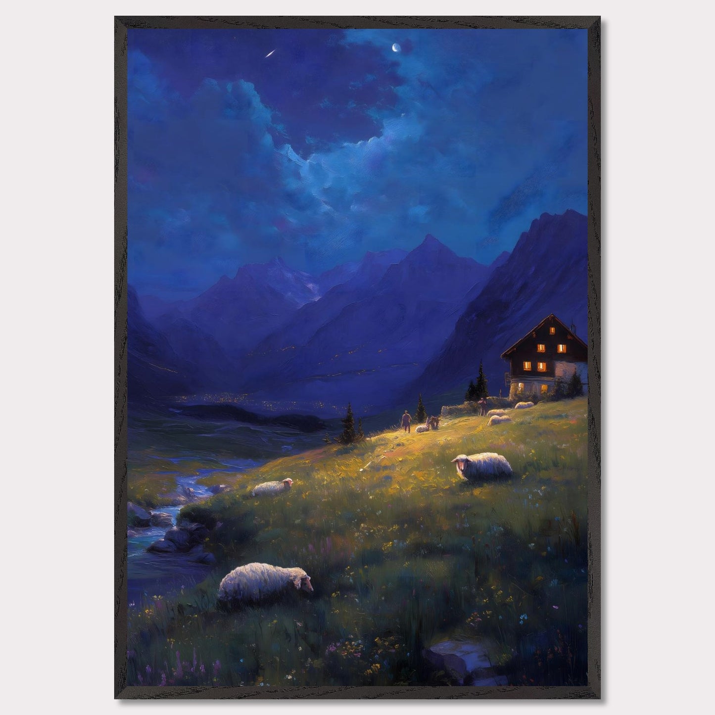 As night falls over the valley, warm lights glow from a mountain cabin, guiding the shepherd and his sheep. Above, stars begin to shimmer and the crescent moon watches from afar. A peaceful twilight symphony of solitude, nature, and quiet warmth.