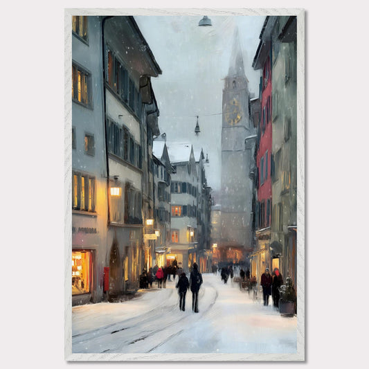 Snow falls gently between old town facades as people wander through glowing windows and quiet alleys. Time seems to slow. This image is a winter stroll, an ode to dusk, city calm, and warmth within.