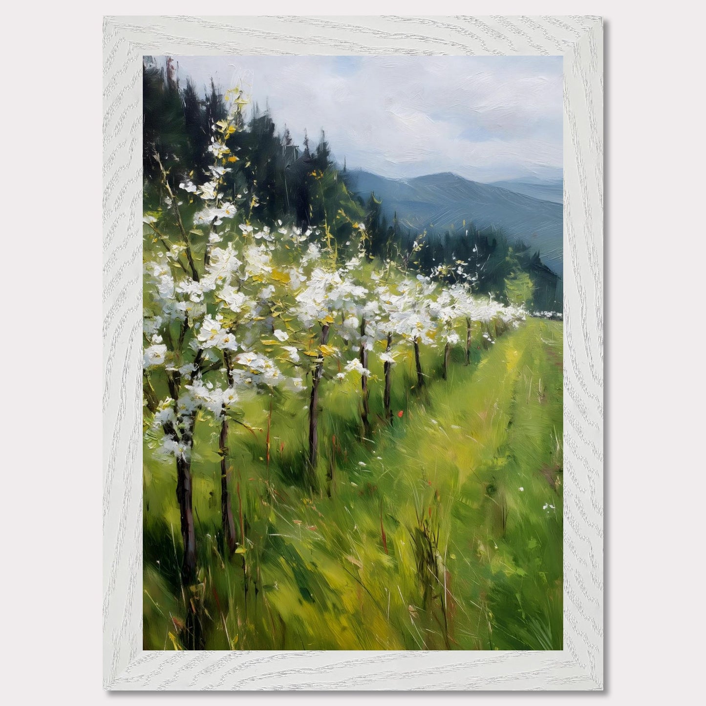 Blossoming trees line a sloped meadow, shining with spring energy. Their petals catch the light like snowflakes, while behind them rise forested hills and soft mountain silhouettes. The air feels fresh, alive, and full of renewal.