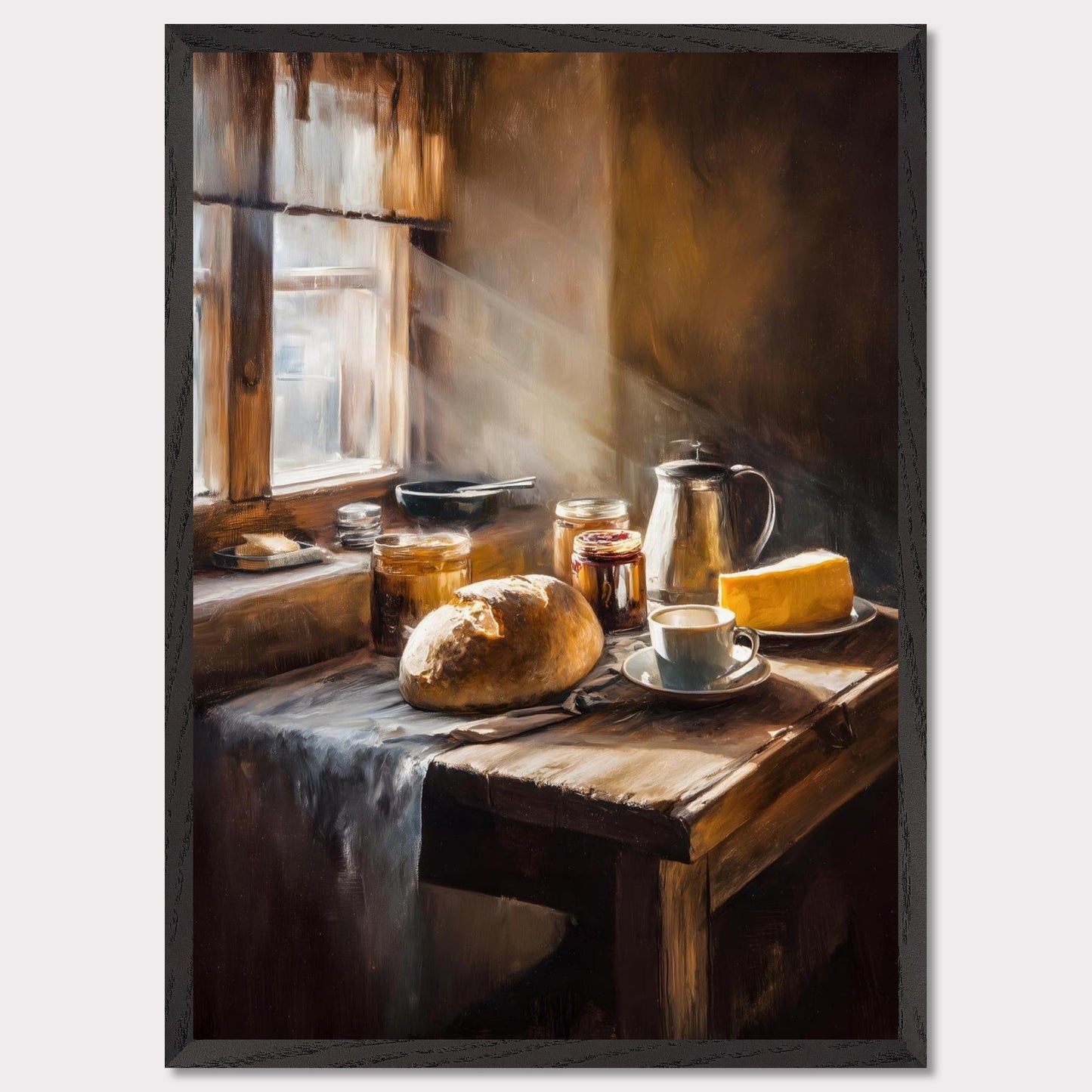 A shaft of morning light breaks across an old table set for one: bread, coffee, and preserves. The cloth catches its edge. This image is a sacred quiet, an ode to morning solitude and sun.