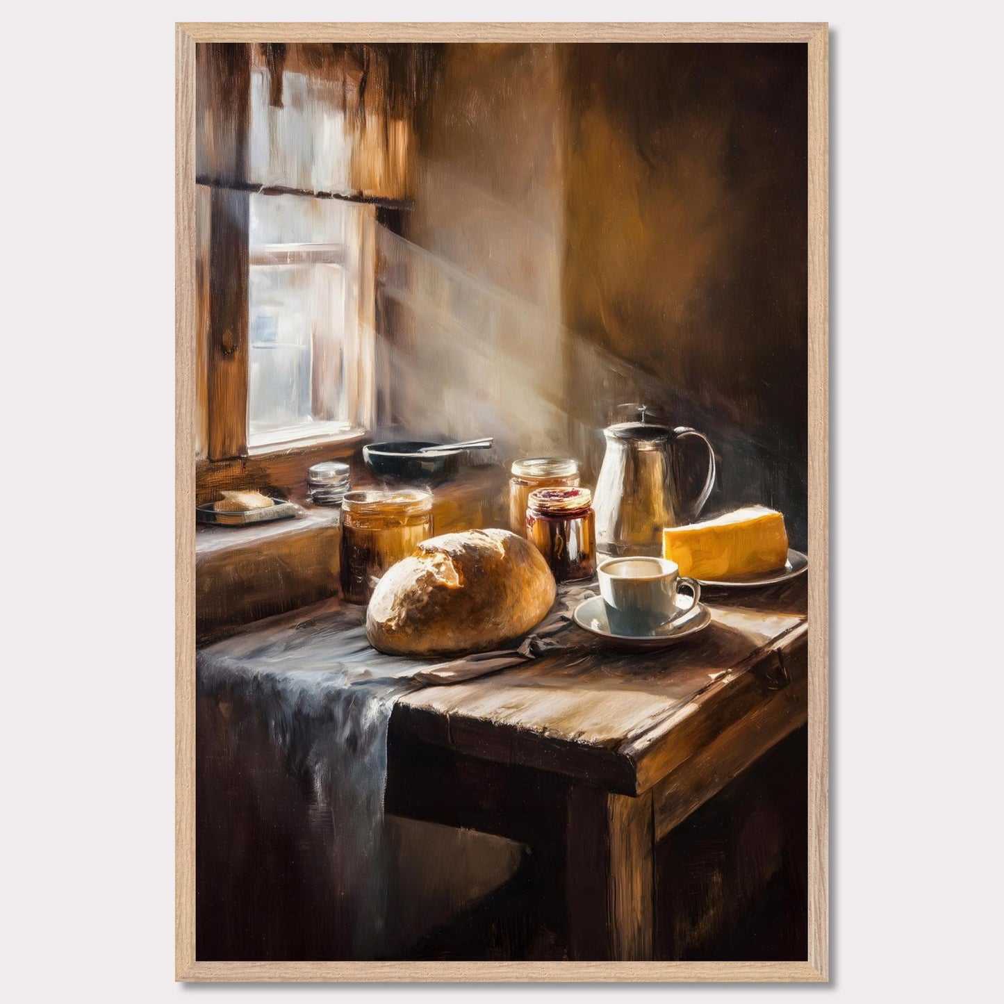 A shaft of morning light breaks across an old table set for one: bread, coffee, and preserves. The cloth catches its edge. This image is a sacred quiet, an ode to morning solitude and sun.