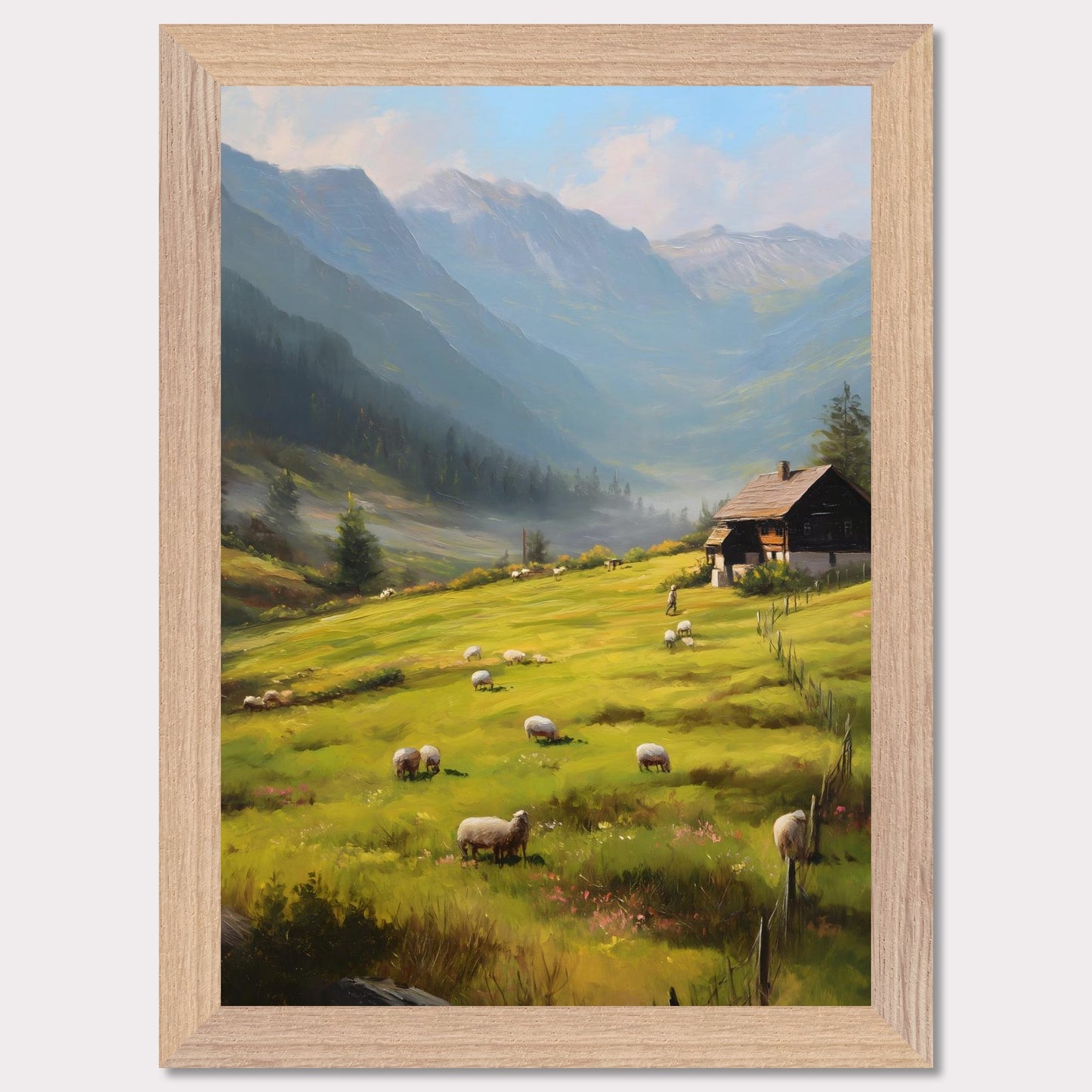 Golden morning light washes over rolling fields as sheep wander freely. A traditional alpine house stands quietly, facing the rising mist among distant peaks. This is the beginning of a calm, purposeful day in the heart of the Alps.
