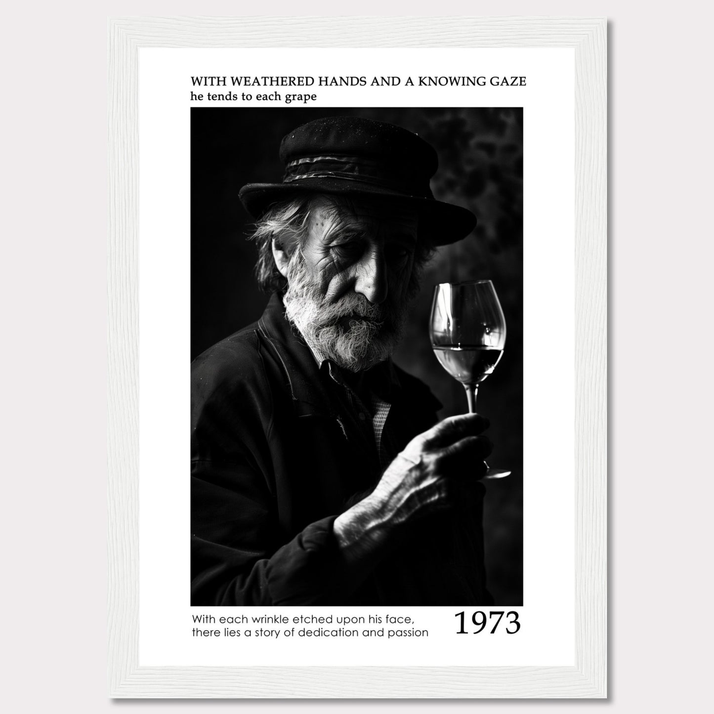 This evocative black-and-white photograph captures an elderly man with a weathered face, holding a glass of wine. His thoughtful gaze and the detailed wrinkles on his face tell a story of dedication and passion. The text accompanying the image reads: "With weathered hands and a knowing gaze he tends to each grape. With each wrinkle etched upon his face, there lies a story of dedication and passion." The year 1973 is prominently displayed.