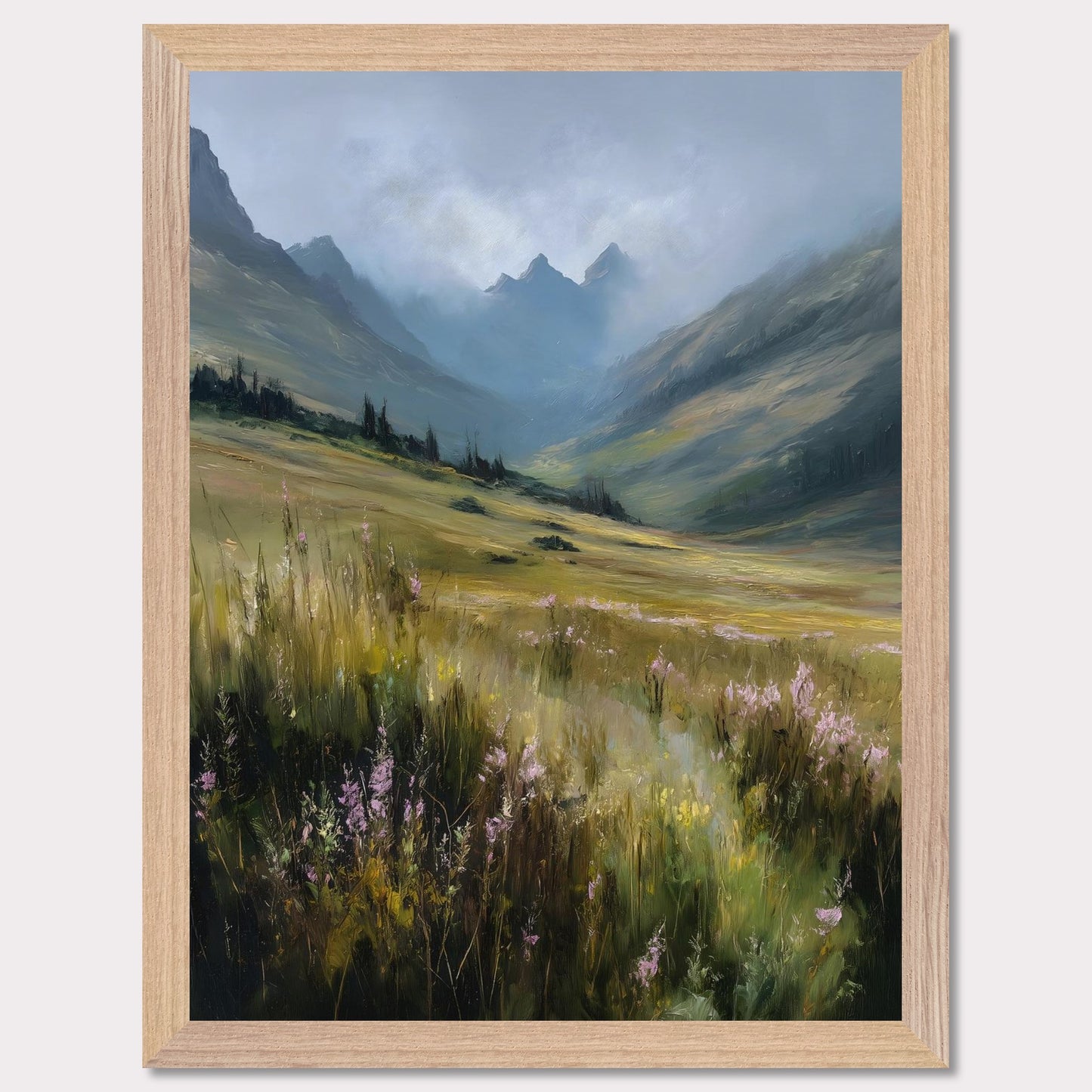 A field of tall alpine grass and soft purple blooms unfolds into misty blue peaks. There's no sign of movement, only the gentle hush of nature breathing. The scene is vast, untamed, and filled with the quiet promise of summer in the highlands.