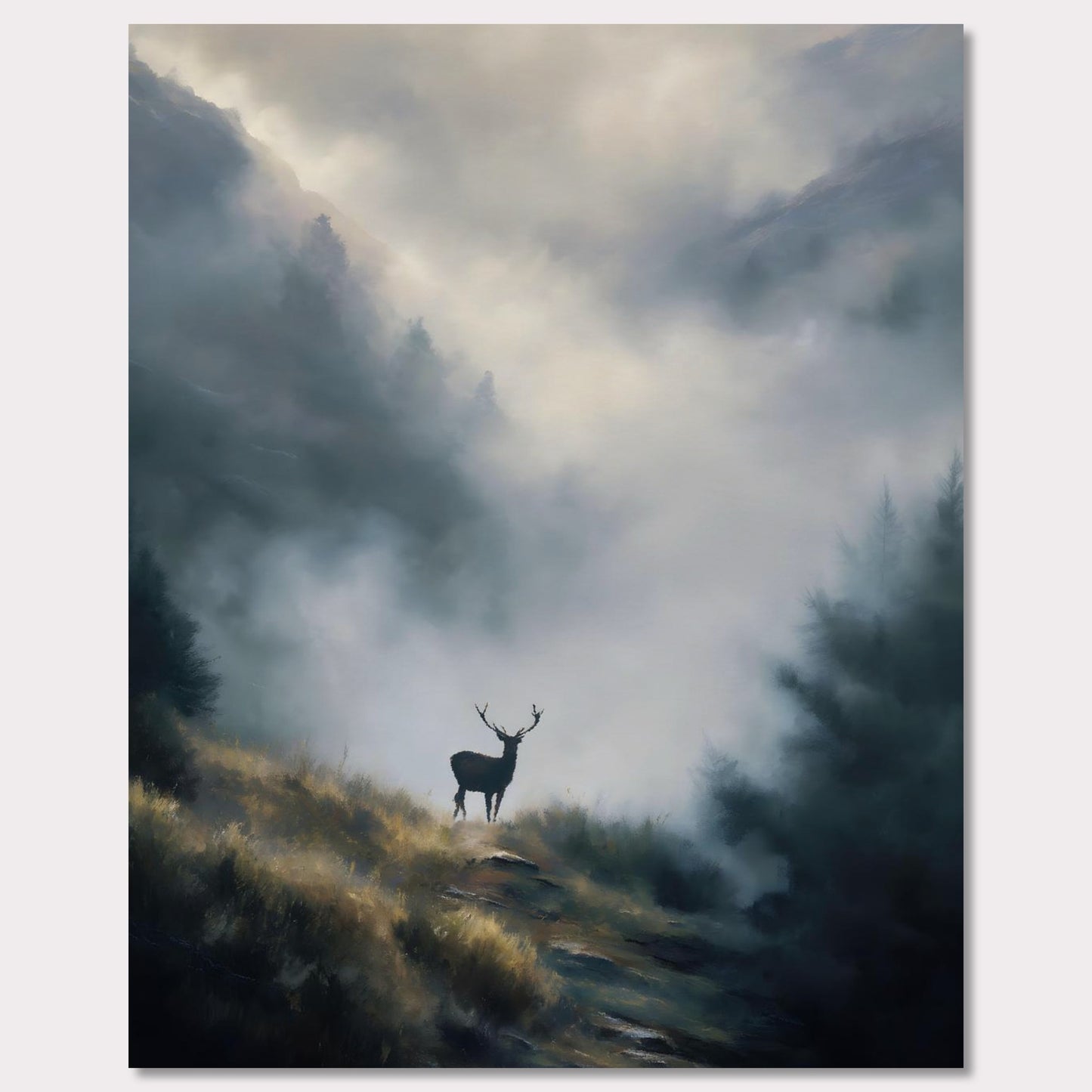 Poster titled 'Stag in the Mist' from ArtDarts