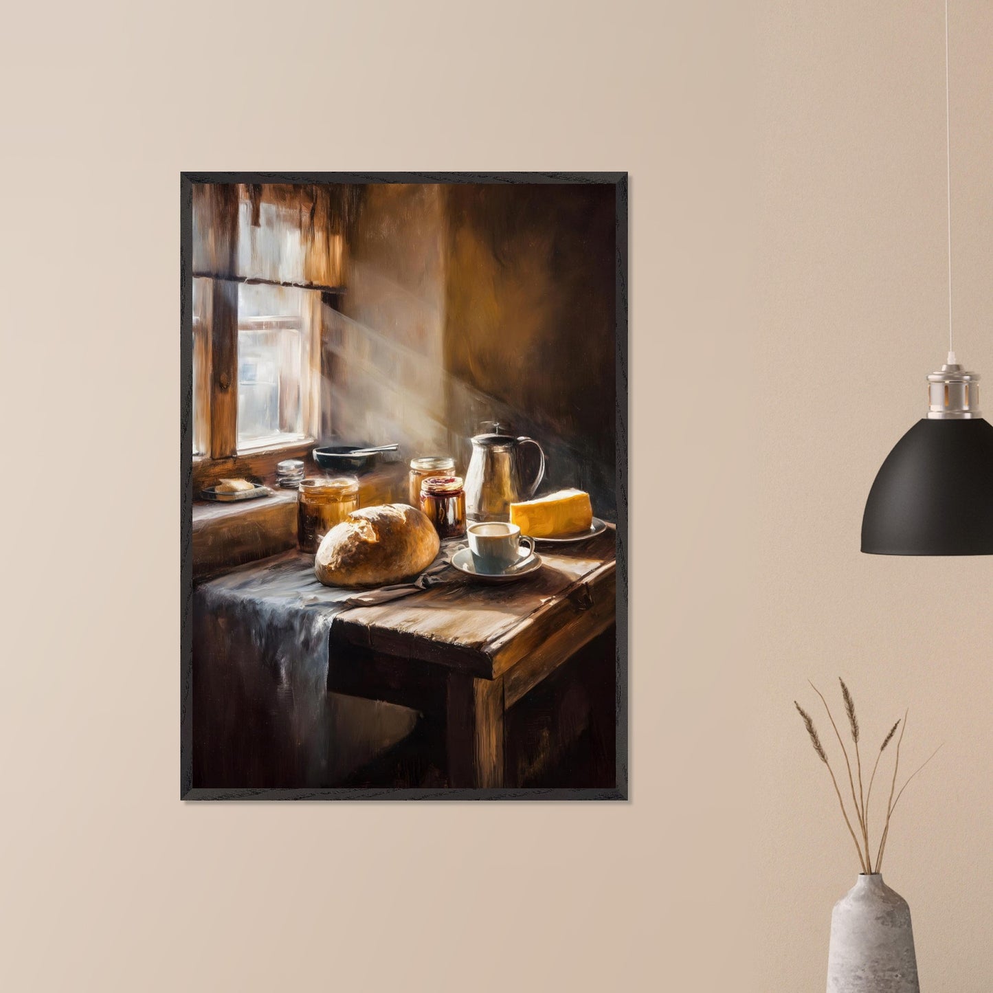 A shaft of morning light breaks across an old table set for one: bread, coffee, and preserves. The cloth catches its edge. This image is a sacred quiet, an ode to morning solitude and sun.