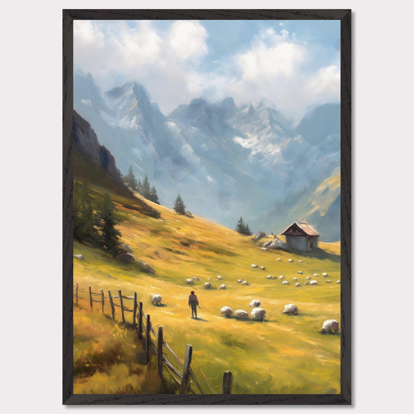 A shepherd tends his flock in a golden mountain pasture, surrounded by dramatic peaks and old-world charm. The wooden fence and cabin speak of a slower, enduring lifestyle. Bathed in warm light, this image transports viewers to a timeless Alpine morning.