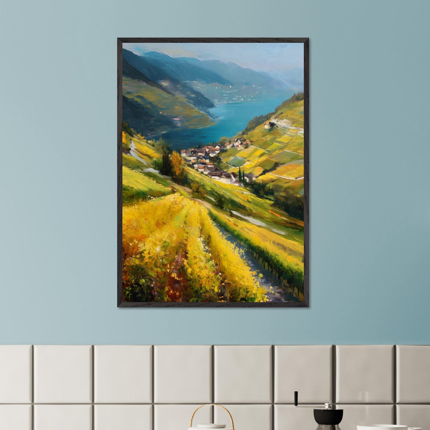Golden vineyards sweep down steep hills toward a quiet lake village. The water shimmers like a mirror between blue ridges. This image is a flowing hillside, an ode to light, labor, and view.