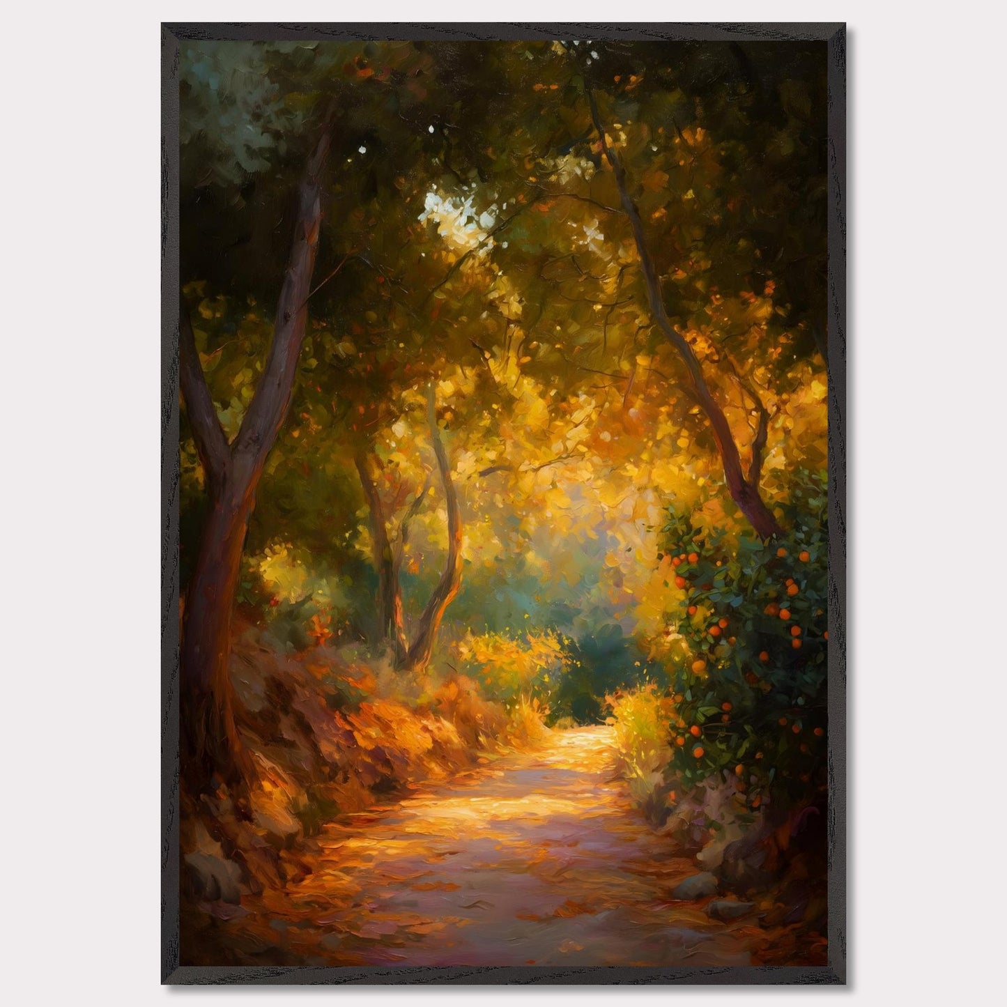 Golden leaves and oranges glow in a forested bend, where light pours through branches onto a dusty path. The trees seem to lean in to listen. This image is a slow walk, an ode to scent, light, and memory.