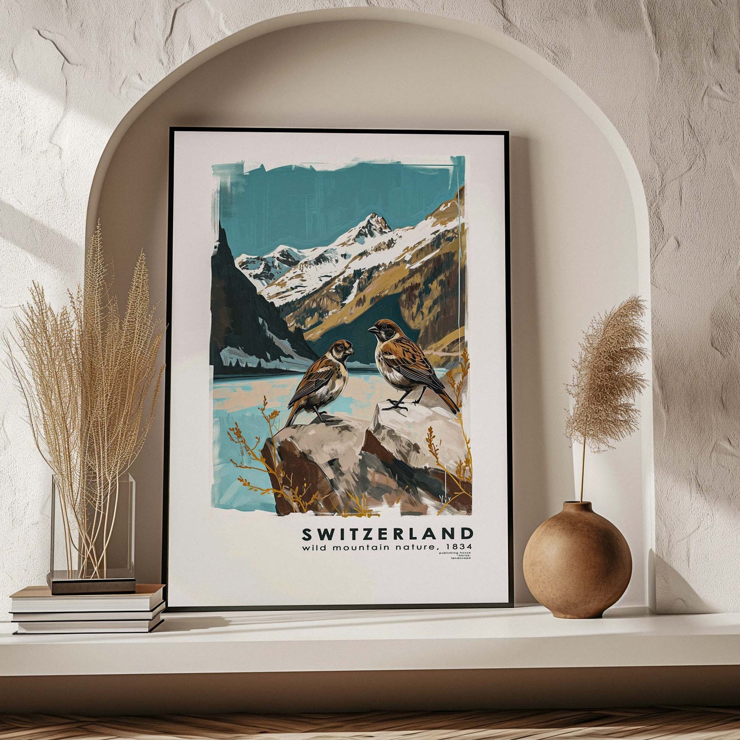 Poster titled 'Swiss Landscape with Birds Poster' from ArtDarts