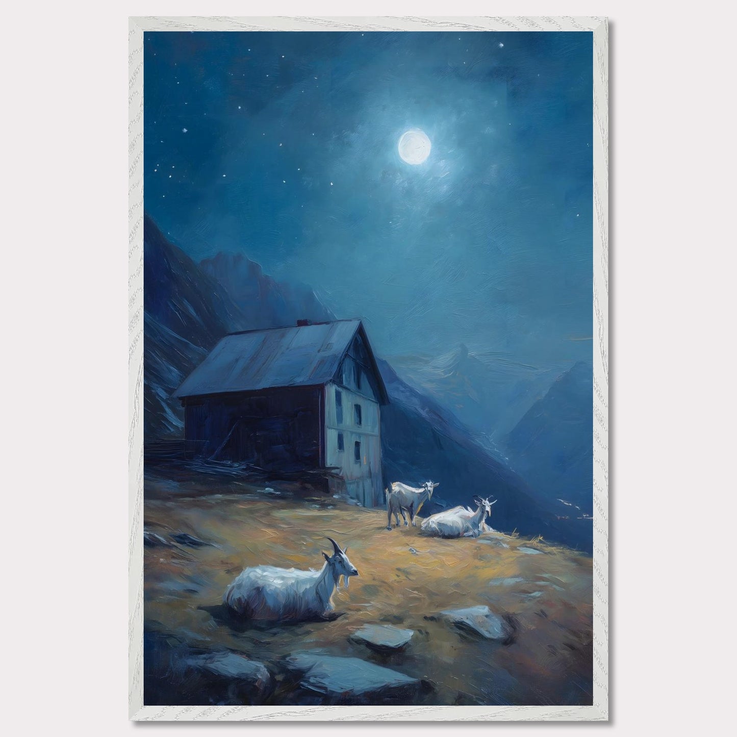 Under a deep blue sky scattered with stars, a mountain slope glows with soft amber light. Goats roam quietly near a rustic alpine hut. This is a portrait of calm routine under a grand sky — both humble and cosmic.