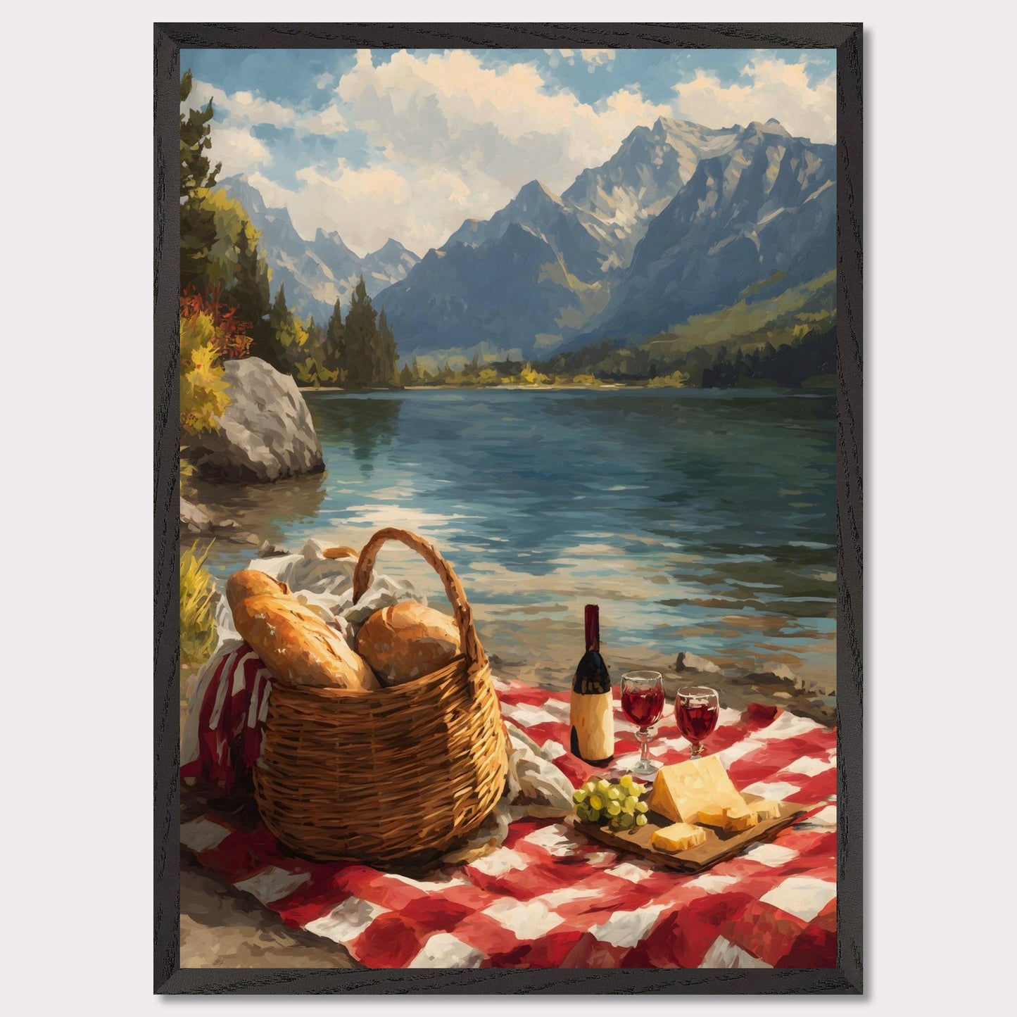 A checkered blanket lies beside a glistening lake, topped with fresh bread, wine, cheese, and grapes. Behind it all, towering mountains create a breathtaking backdrop. The scene celebrates indulgence, nature, and the timeless art of slowing down.