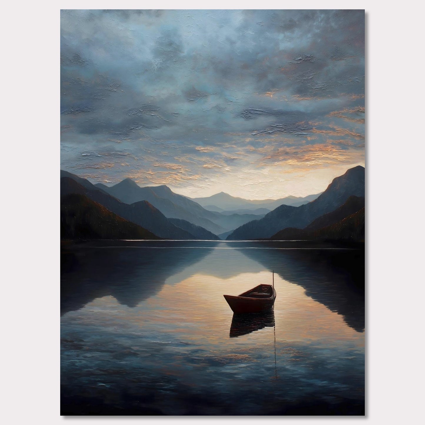 A single red boat floats gently on a vast, darkening lake as mountains fade into layered blues. The sunset brushes the clouds and water with soft amber and grey. A perfect study in stillness, solitude, and awe.