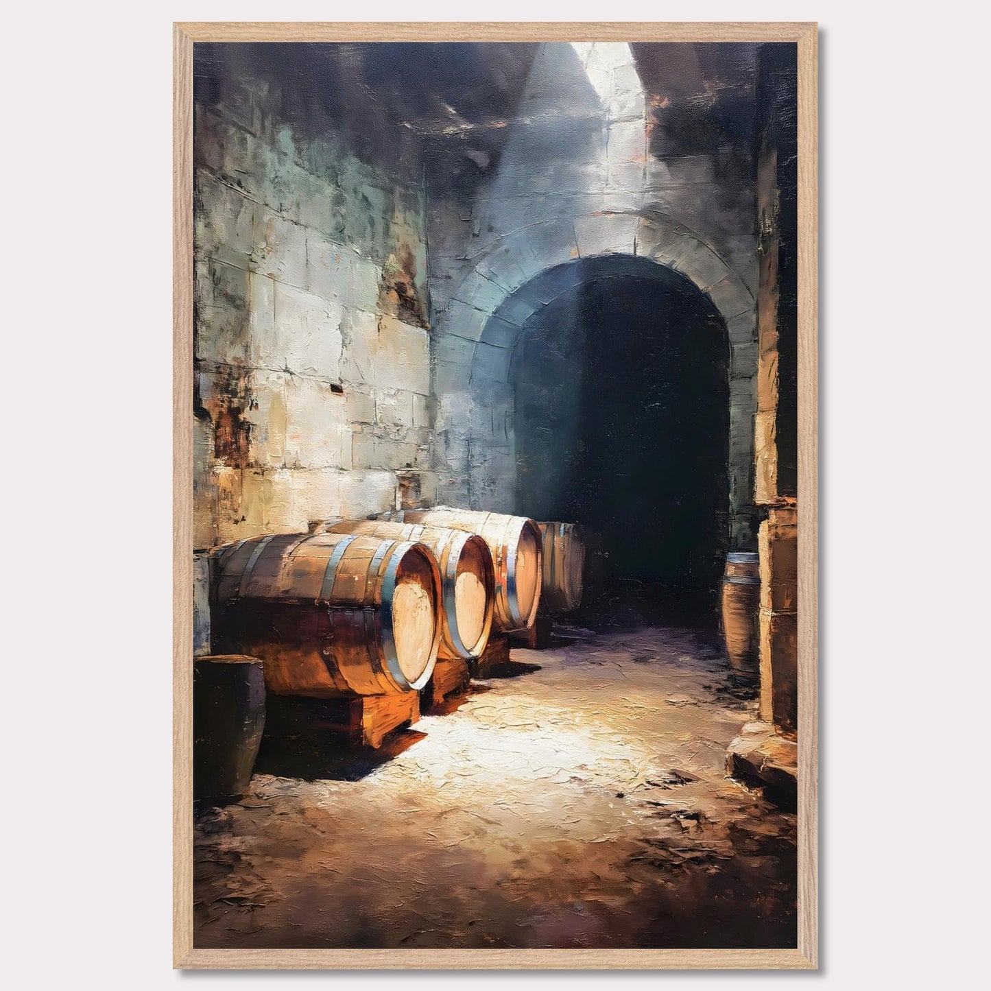 Wooden wine barrels line the stone walls of a cool alpine cellar, lit by a shaft of light from above. The silence is thick and cool. This image is a breath beneath the surface, an ode to age, earth, and time.