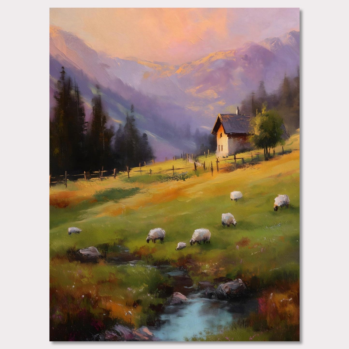 As the sun sets, golden and lavender hues paint the mountain slopes. Sheep graze slowly on the soft green meadow, and a solitary wooden house glows gently under a tree. The scene is tranquil and nostalgic — a perfect harmony of nature, simplicity, and evening calm.