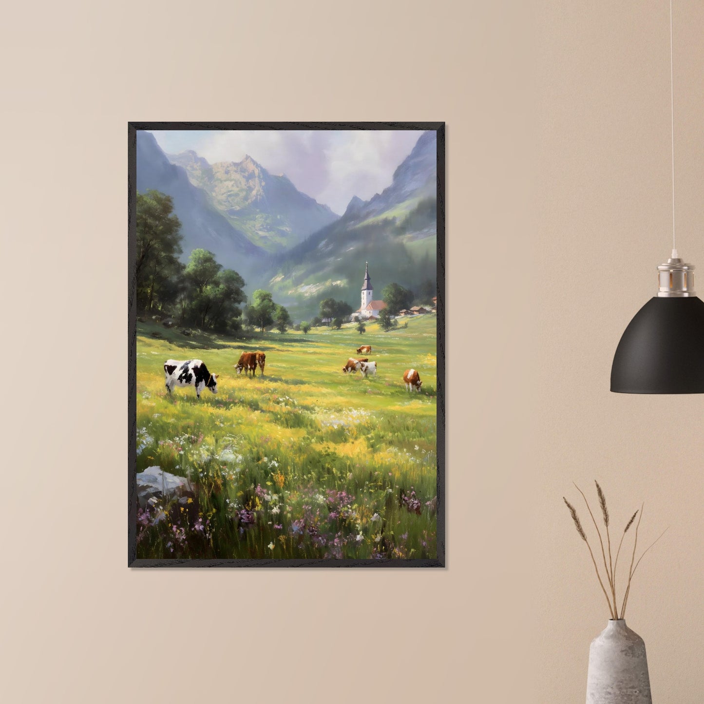 A bright valley bursts into life with cows scattered across wildflower meadows. Behind them, a quaint village church stands framed by alpine peaks. This scene is a celebration of slowness — of sun-warmed grass and steady breath.