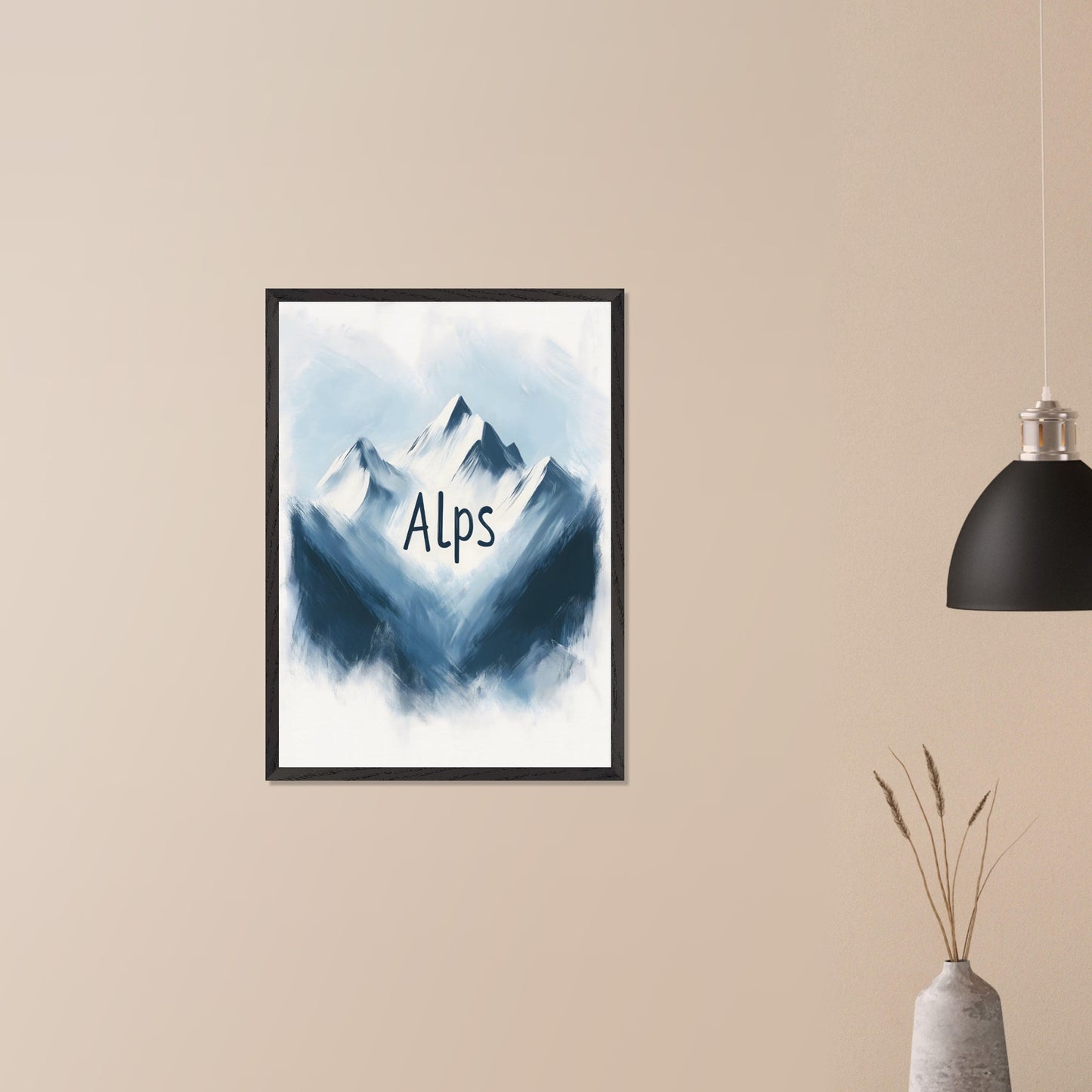 This minimalistic poster captures the raw beauty of alpine peaks, portrayed in a painterly, soft blue tone. The ethereal ambiance evokes a sense of peace and awe, celebrating the untouched splendor of nature.