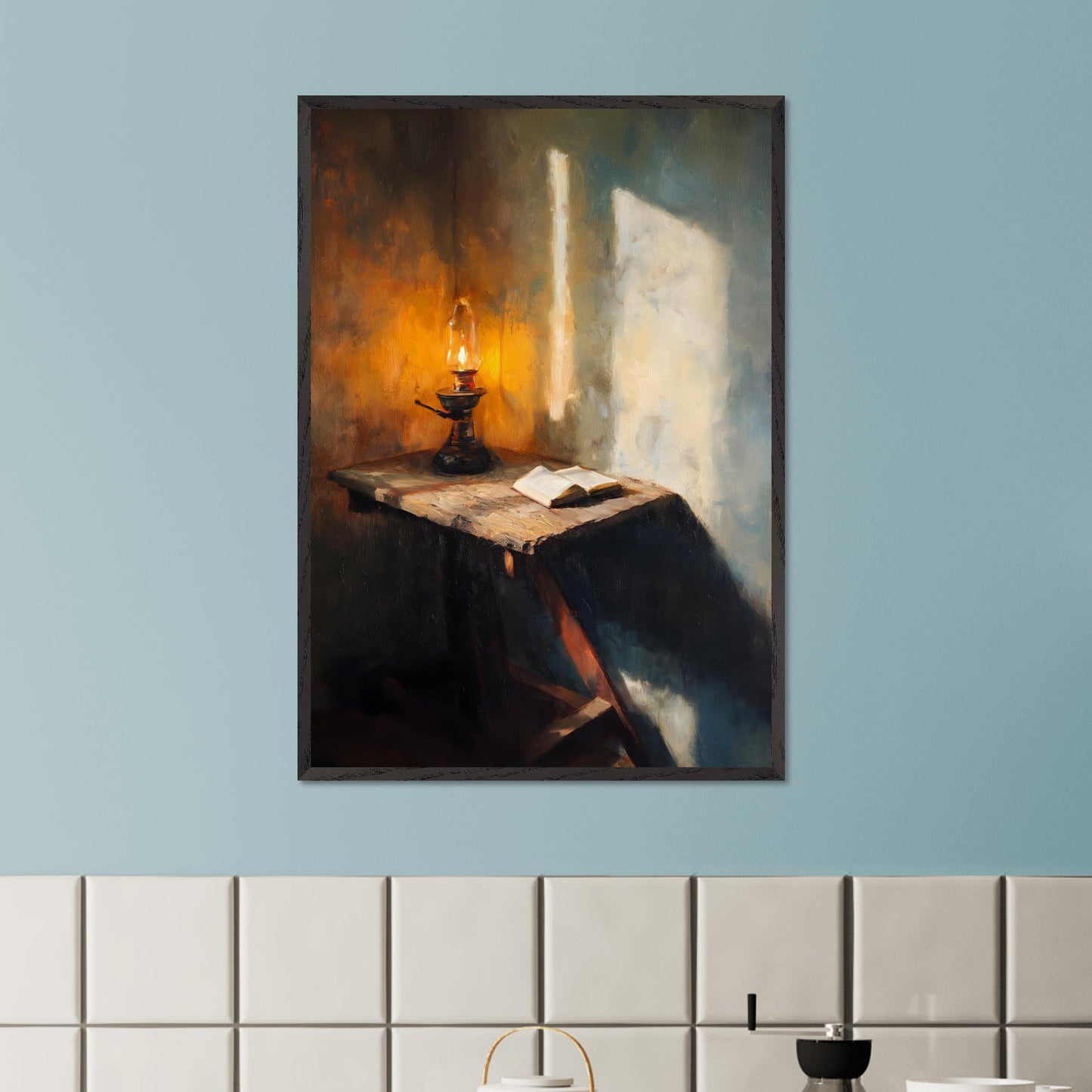 A wooden table, a flickering lamp, and an open book — caught in a slant of light. Shadows stretch across the textured walls, as if listening in. This image is a moment of pause, an ode to evening thought and silent reflection.