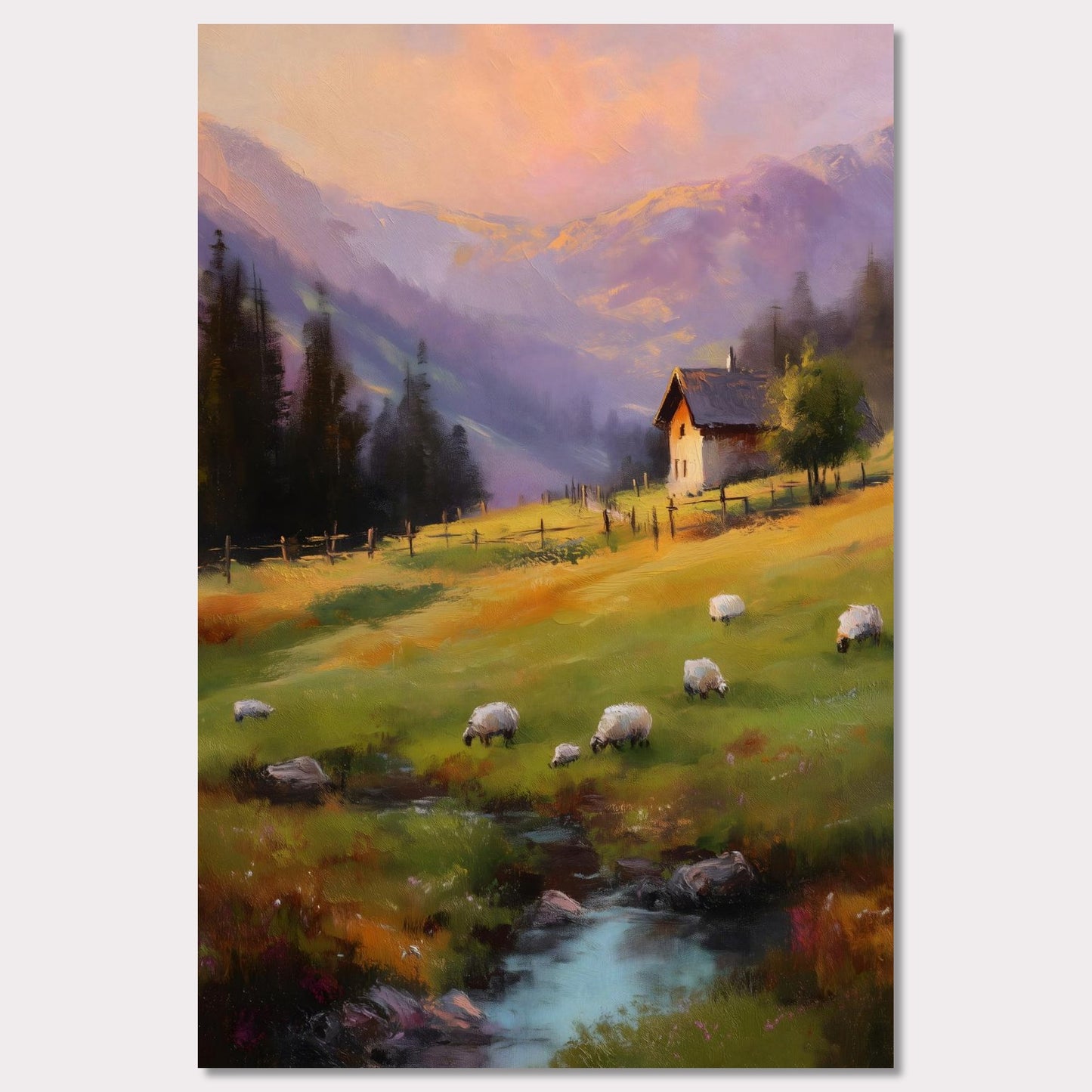 As the sun sets, golden and lavender hues paint the mountain slopes. Sheep graze slowly on the soft green meadow, and a solitary wooden house glows gently under a tree. The scene is tranquil and nostalgic — a perfect harmony of nature, simplicity, and evening calm.