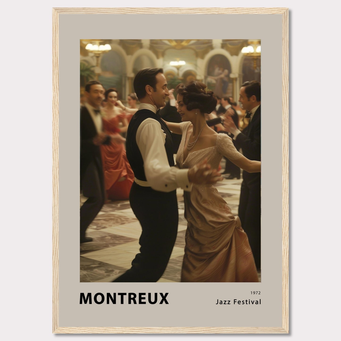 This elegant poster captures a moment of grace and sophistication at the Montreux Jazz Festival in 1972. A couple is seen dancing in a grand ballroom, surrounded by other elegantly dressed attendees. The atmosphere is vibrant and full of life, evoking the charm and allure of a bygone era.