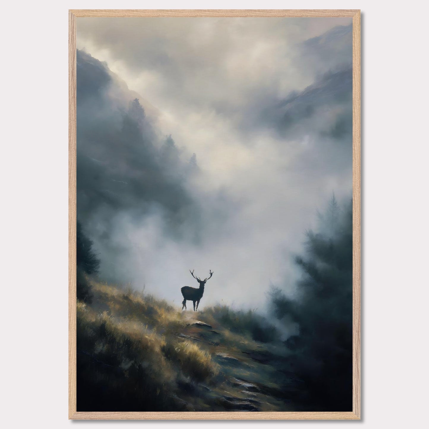 A lone stag stands poised on a highland ridge, where golden grass fades into rising fog. Pines and peaks dissolve into the mist, leaving the deer still and sovereign against the silence. This image is a quiet breath — an ode to wilderness, majesty, and mystery.