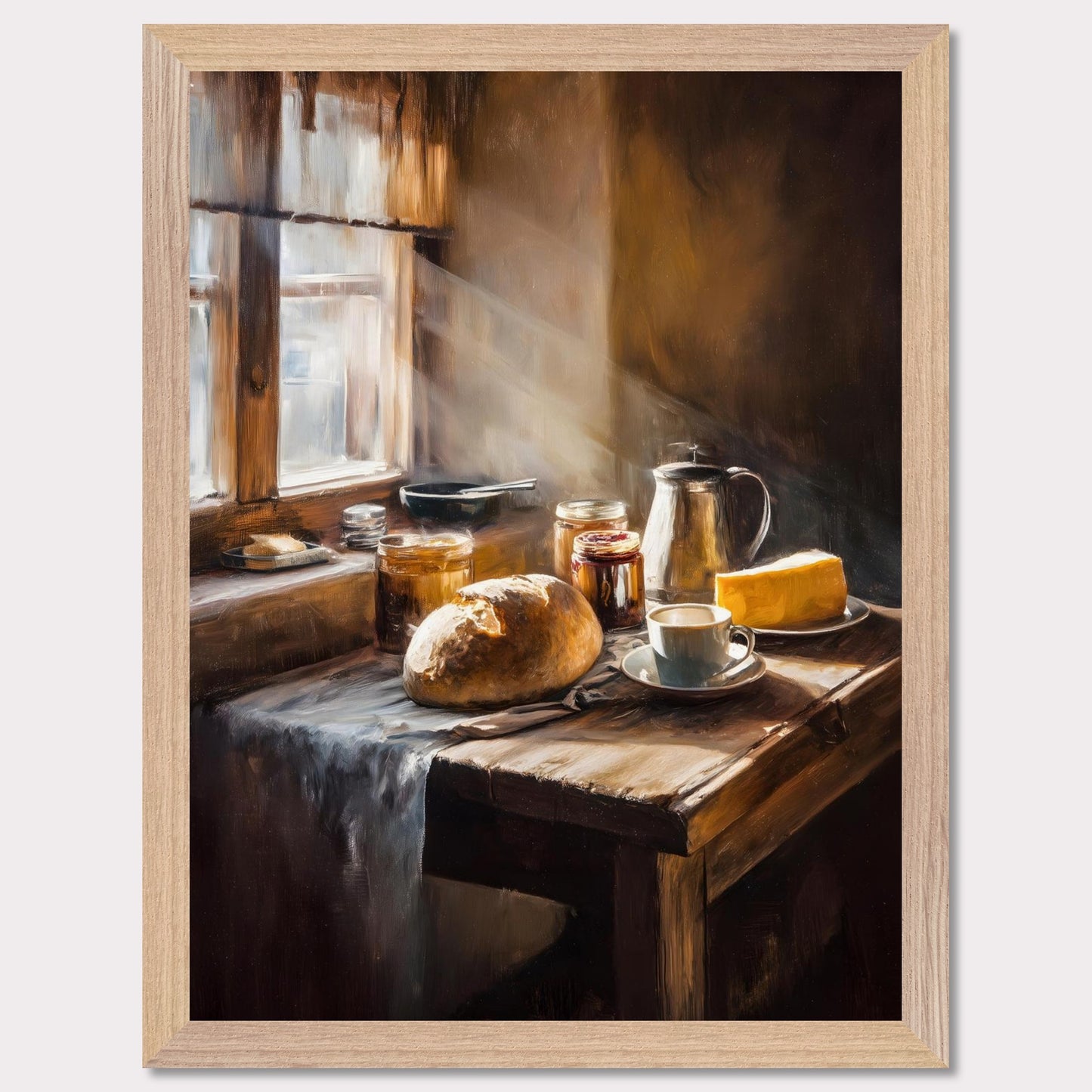 A shaft of morning light breaks across an old table set for one: bread, coffee, and preserves. The cloth catches its edge. This image is a sacred quiet, an ode to morning solitude and sun.
